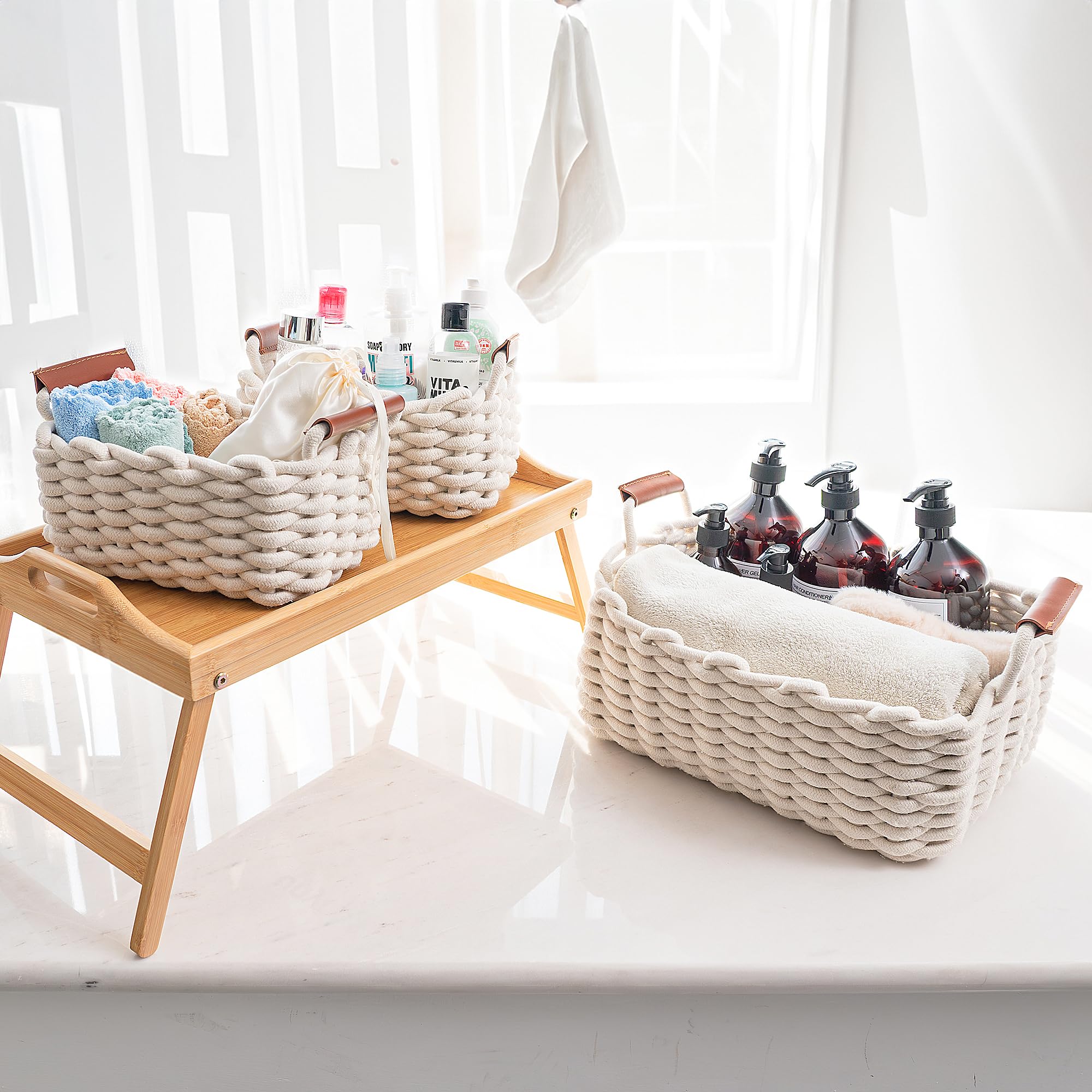 3-Pack Cotton Rope Storage Baskets with Handles - Multi-Purpose Organizer for Diapers, Toys, Bathroom & Closet - Decorative Shelving Bins for Home Organization (Beige/Natural) - Perfect for Nursery, Bedroom & Living Room Storage Solutions