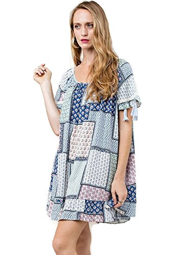 Kori America Women's Bohemian Tassel Mini Swing Dress - Flowy Summer Party Dress for Beach, Vacation & Date Night