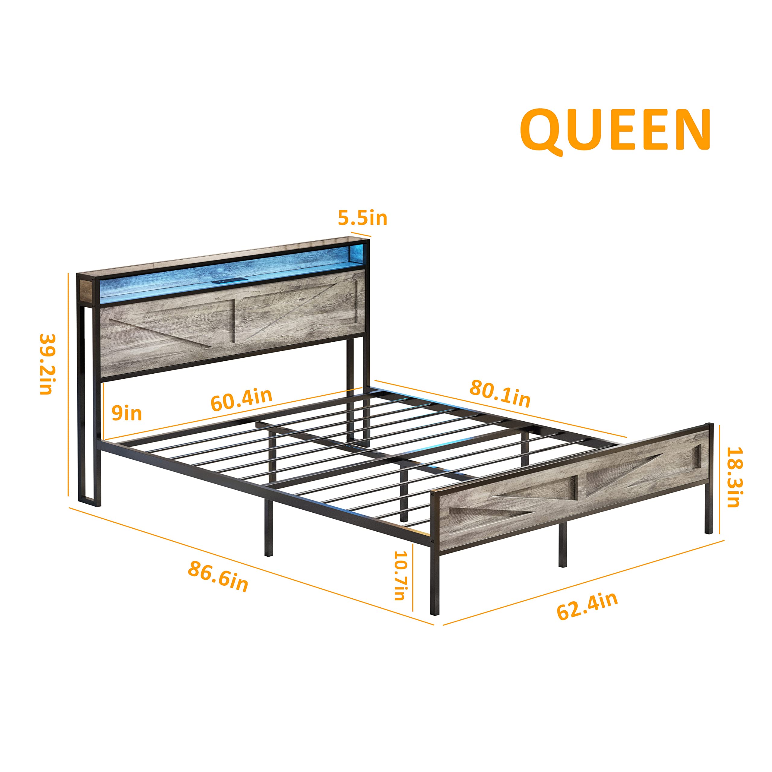 LED Queen Size Bed Frame with USB Charging Station, Metal Platform Headboard & Storage | Noise-Free, Wash Grey | Farmhouse Style Bedroom Lighting for Cozy Nights & Modern Convenience