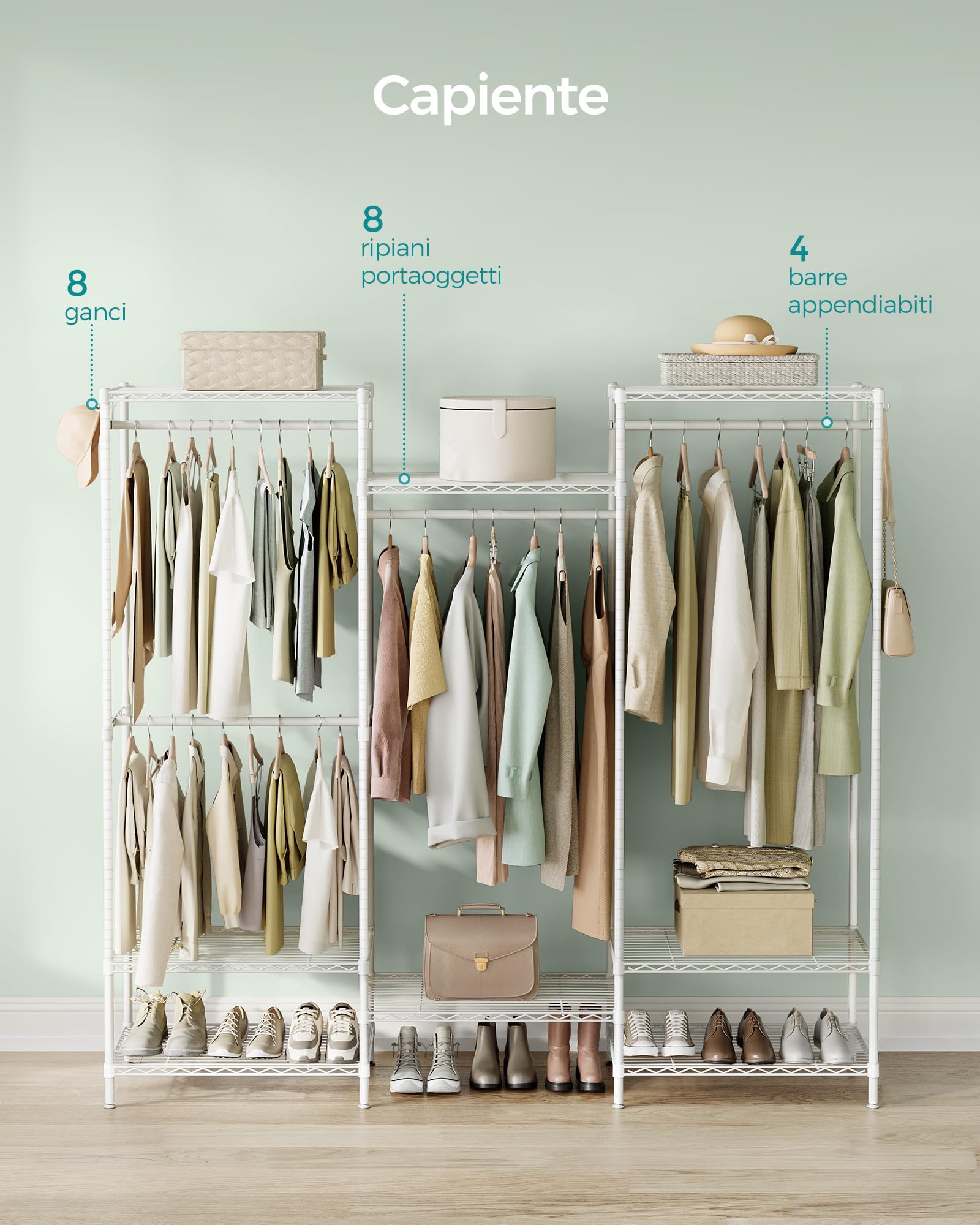 SONGMICS Metal Wardrobe with Adjustable Shelves, Hanging Rods & Hooks - Durable, Separable Freestanding Closet Organizer in Cloud White LGR431W01 - Perfect for Bedroom, Closet, Dorm & Small Space Storage