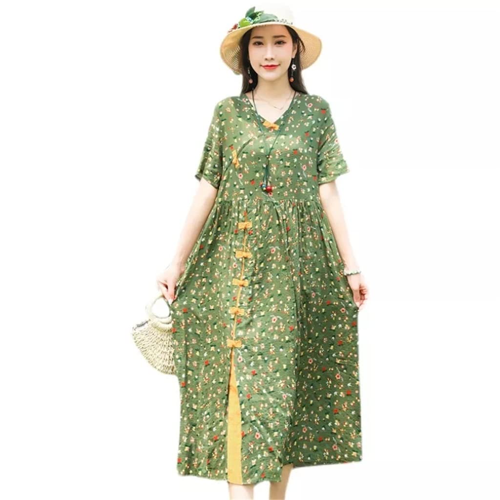 Floral Green Prairie Vintage Dress - Cotton Linen Loose Summer Maxi Dress for Women | Boho Chic Holiday Travel Outfit | Casual Long Dress for Beach, Picnic & Outdoor Events (Green, 3XL)
