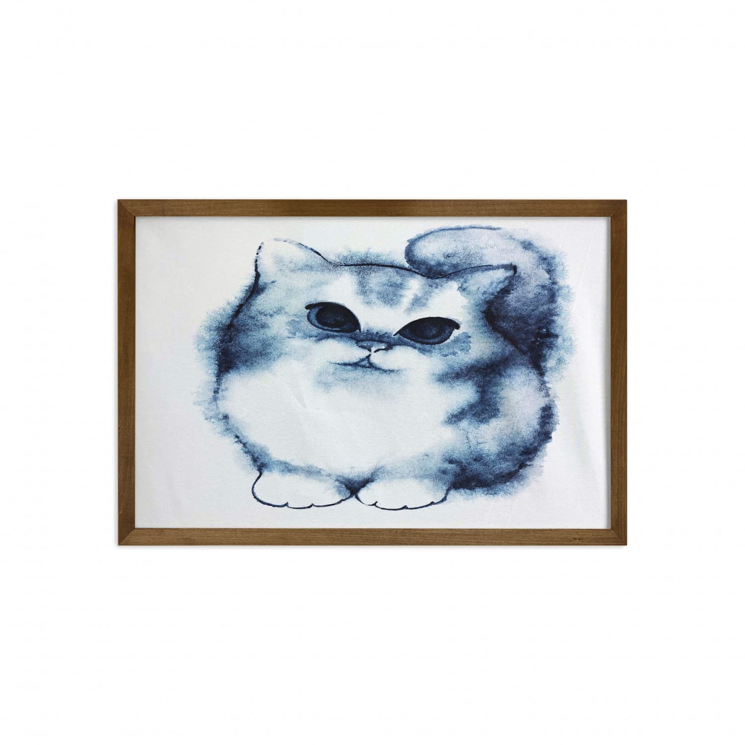Ambesonne Navy Blue Framed Wall Art - Fluffy Cat Painting with Distressed Colors, Best Companion Ever - Teak Tone Wood Frame Fabric Decor for Home & Dorm (35