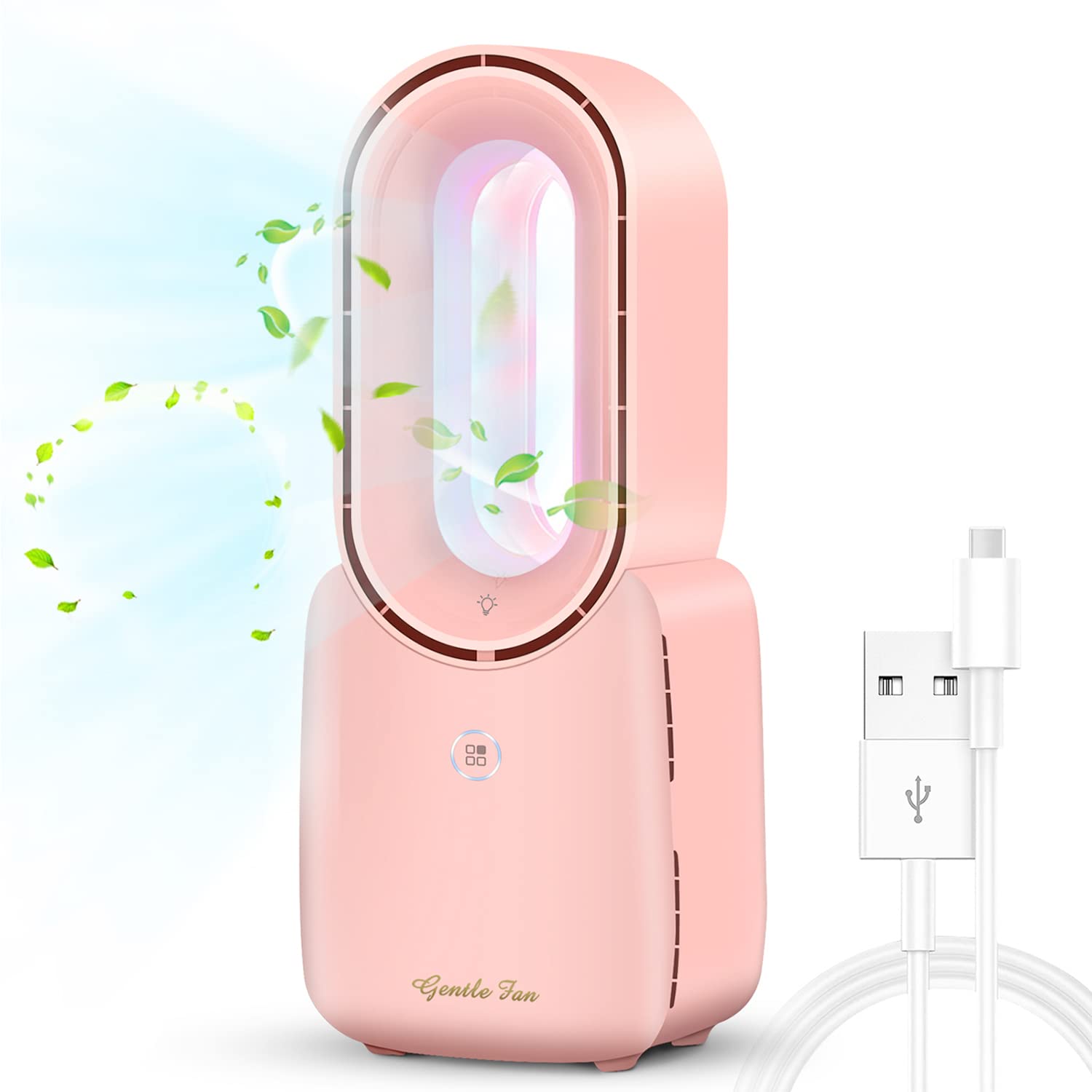Bladeless Desk Fan - 11.8 Inch Quiet USB Rechargeable Table Fan with Touch Control & 4 Speed Settings | Portable Personal Cooling Fan for Bedroom, Office, Home | Perfect for Work, Study & Relaxation (Pink)