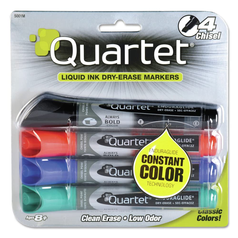 Quartet 5001M Dry Erase Markers - Chisel Tip Whiteboard Markers, 4-Pack Assorted Colors - Ideal for Office, Classroom & Home Use
