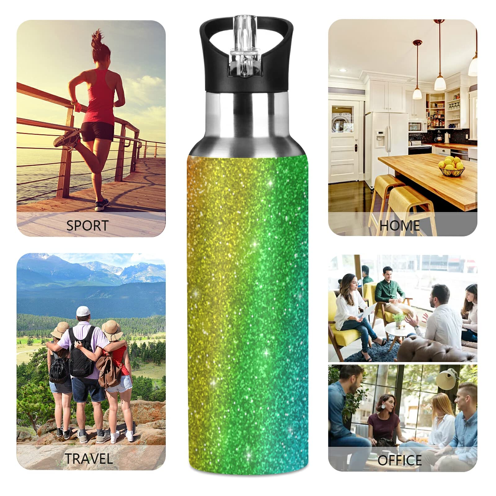 SUABO 20oz Insulated Stainless Steel Water Bottle with Straw - Rainbow Glitter Design for Kids, Teens & Adults | BPA Free Leakproof Sports Bottle for School, Gym, Hiking & Outdoor Activities