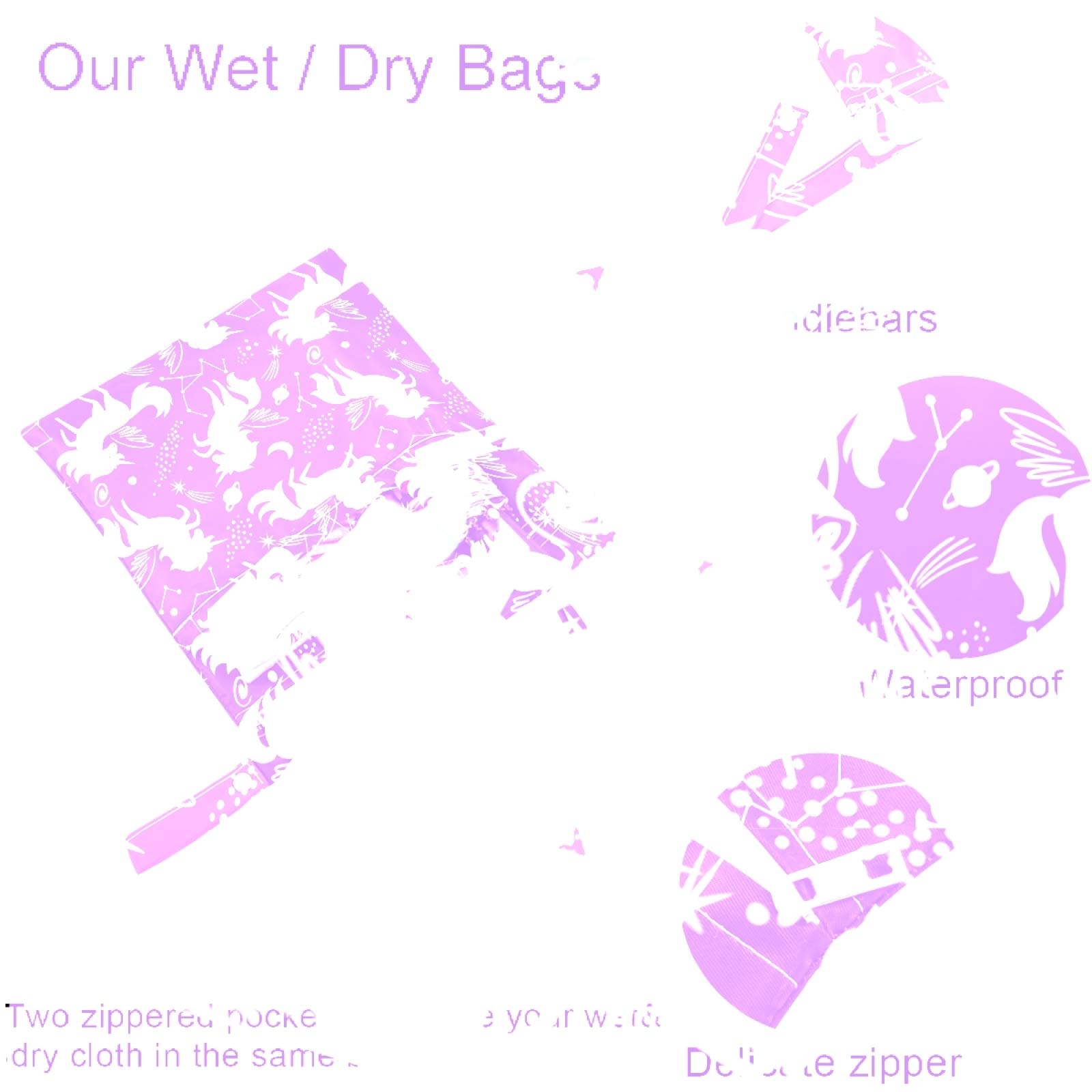 Visesunny 2-Pack Cute Unicorn Star Planet Wet Bags with Zipper Pockets - Washable & Reusable Waterproof Storage for Travel, Beach, Pool, Gym, Daycare - Perfect for Wet Swimsuits, Diapers, Dirty Clothes & Toiletries Organization