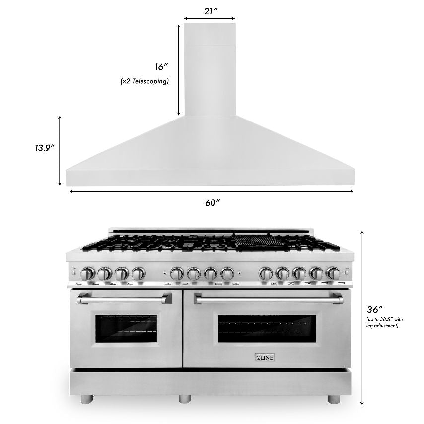 ZLINE 60 Inch Professional Kitchen Package - Stainless Steel Dual Fuel Range & Convertible Vent Hood (2KP RARH60) | Perfect for Home Chefs & Modern Kitchens