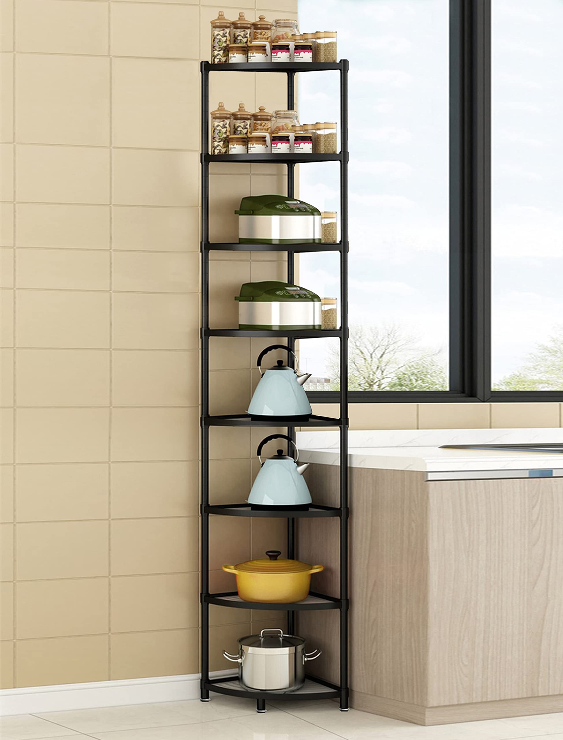 8-Tier Metal Kitchen Corner Shelf Rack - Multi-Layer Pot Storage Organizer & Spice Holder for Pantry, Cabinet, Countertop Organization - Space Saving Solution for Small Kitchens