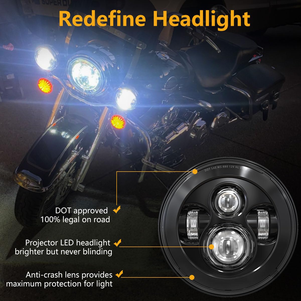7 Inch LED Headlight & 4.5 Inch Fog Lights with Mounting Ring - Compatible with Harley Touring, Road King, Ultra Classic, Electra Glide, Street Glide, Trike, CVO, Heritage Softail, Slim, Deluxe, Fat Boy - High Visibility for Night Riding & Off-Road Adventures