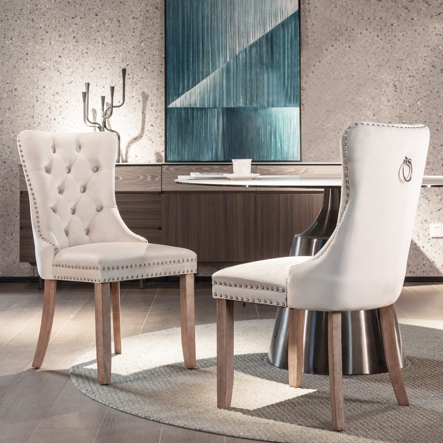 Aoowow 2-Piece Velvet Upholstered Dining Chairs Set - Wingback Armless Side Chairs with Button Tufted Design & Solid Wood Legs for Kitchen, Dining Room - Elegant Beige Home Decor for Modern Living Spaces