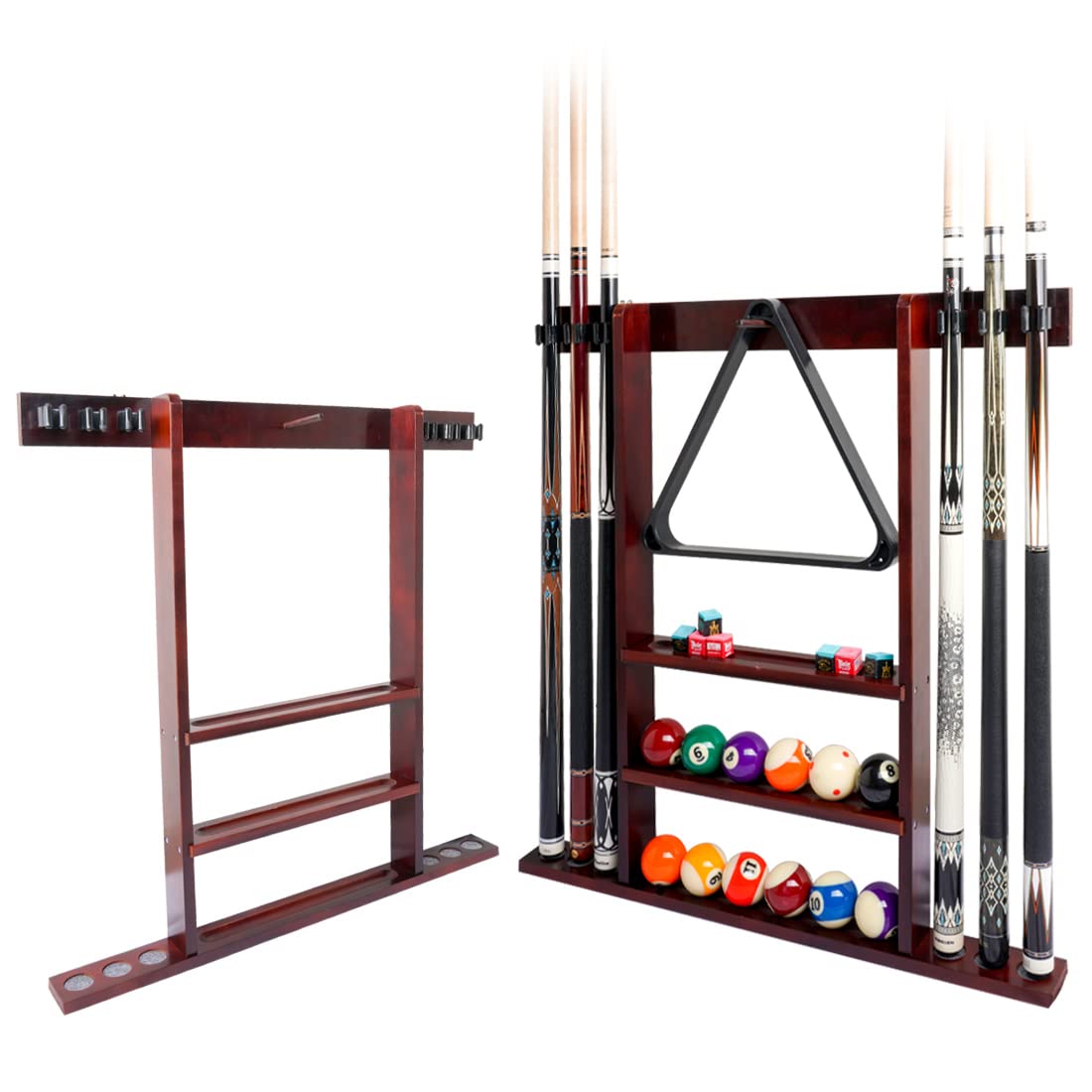 Premium Wooden Billiard Rack Wall Mount - Holds 6 Pool Cues & Complete Ball Set (Cues/Balls Not Included) | Perfect for Game Rooms, Bars & Home Pool Tables