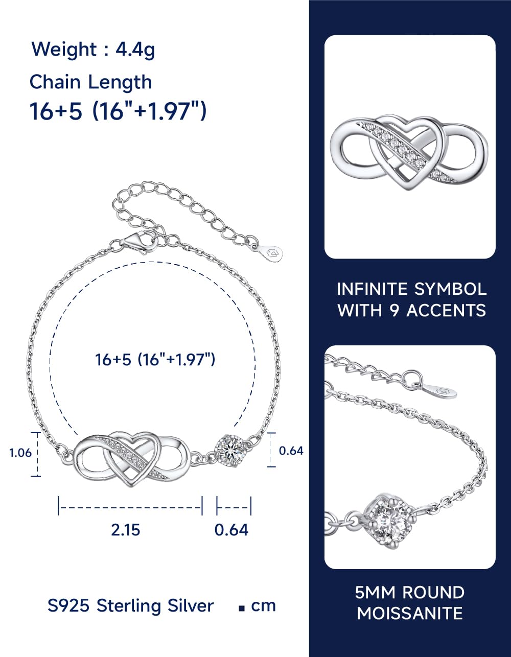 MomentWish Infinity Heart Bracelet for Women - D Color VVS1 Moissanite Simulated Diamond 925 Sterling Silver Jewelry | Romantic Gifts for Her, Anniversary, Valentine's Day, Birthday | Perfect for Date Night, Wedding, Special Occasions