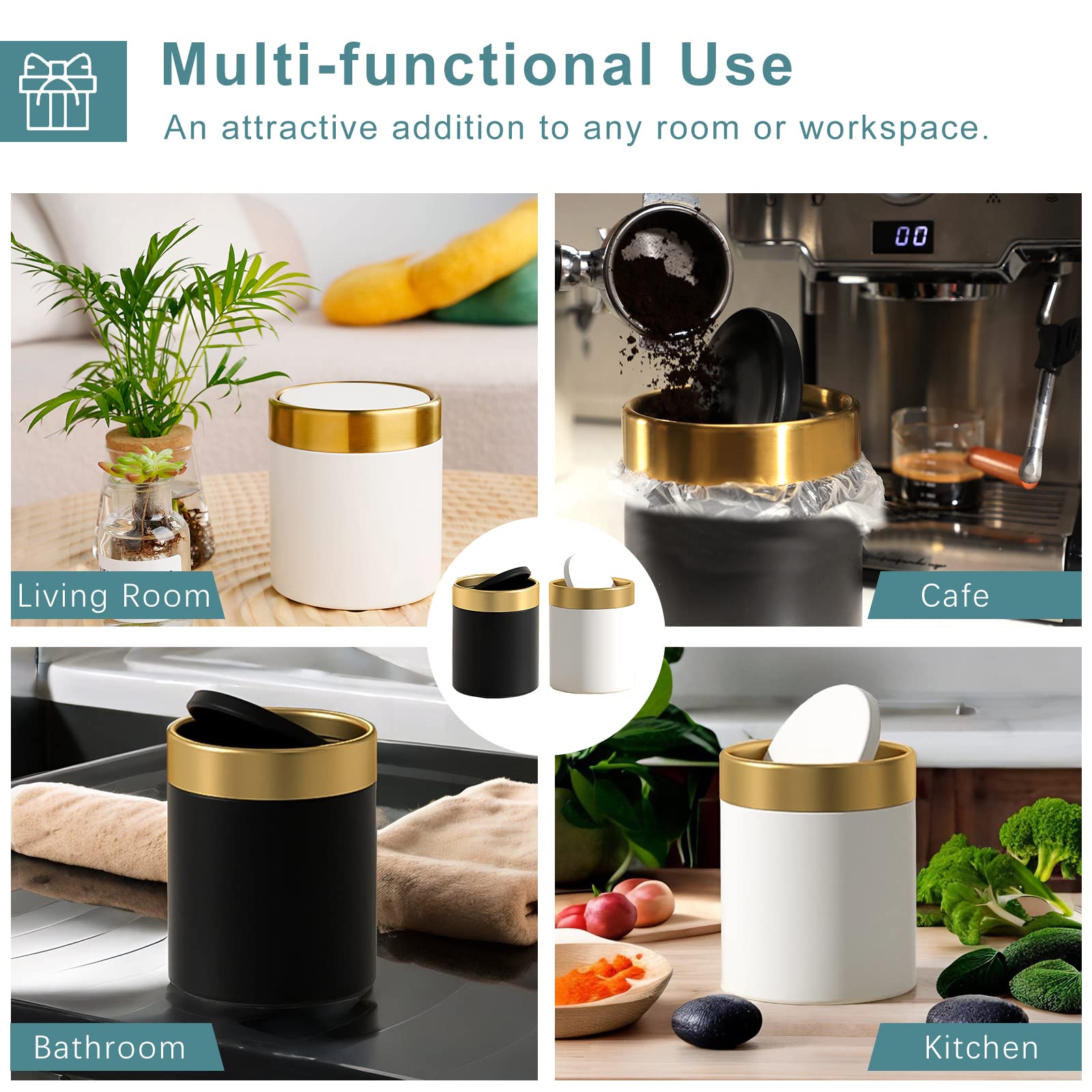 Mini Trash Can with Lid - 1.5L Small Metal Garbage Bin for Desk, Office, Kitchen Counter & Coffee Bar | Compact Waste Basket for Home & Workspace | Elegant White Design