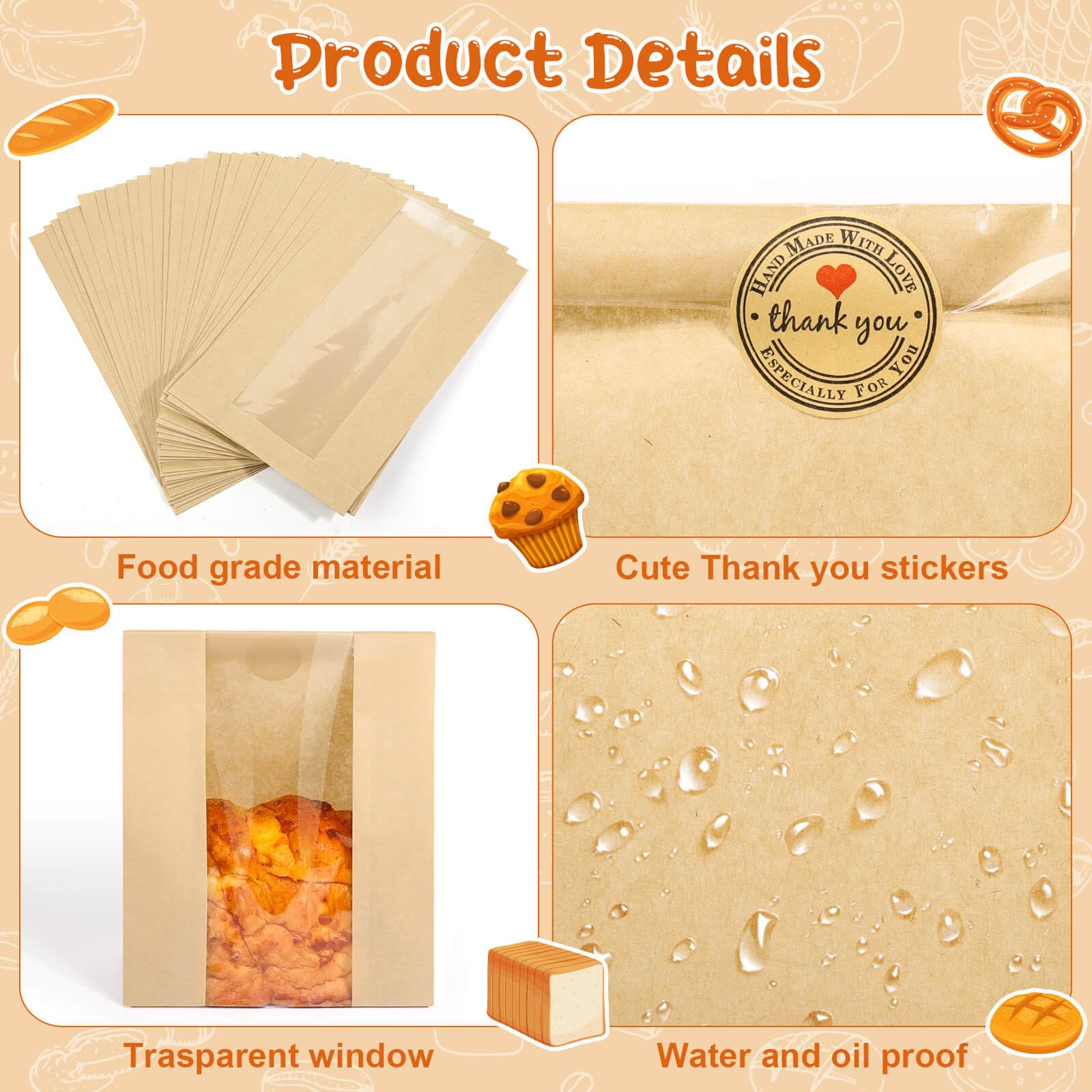 40-Pack Clear Window Paper Bread Bags for Homemade & Sourdough Bread | Eco-Friendly Bakery Packaging with Seal Stickers | Perfect for Cookies, Treats & Gift Giving (Bakery, Farmers Market, Home Baking)