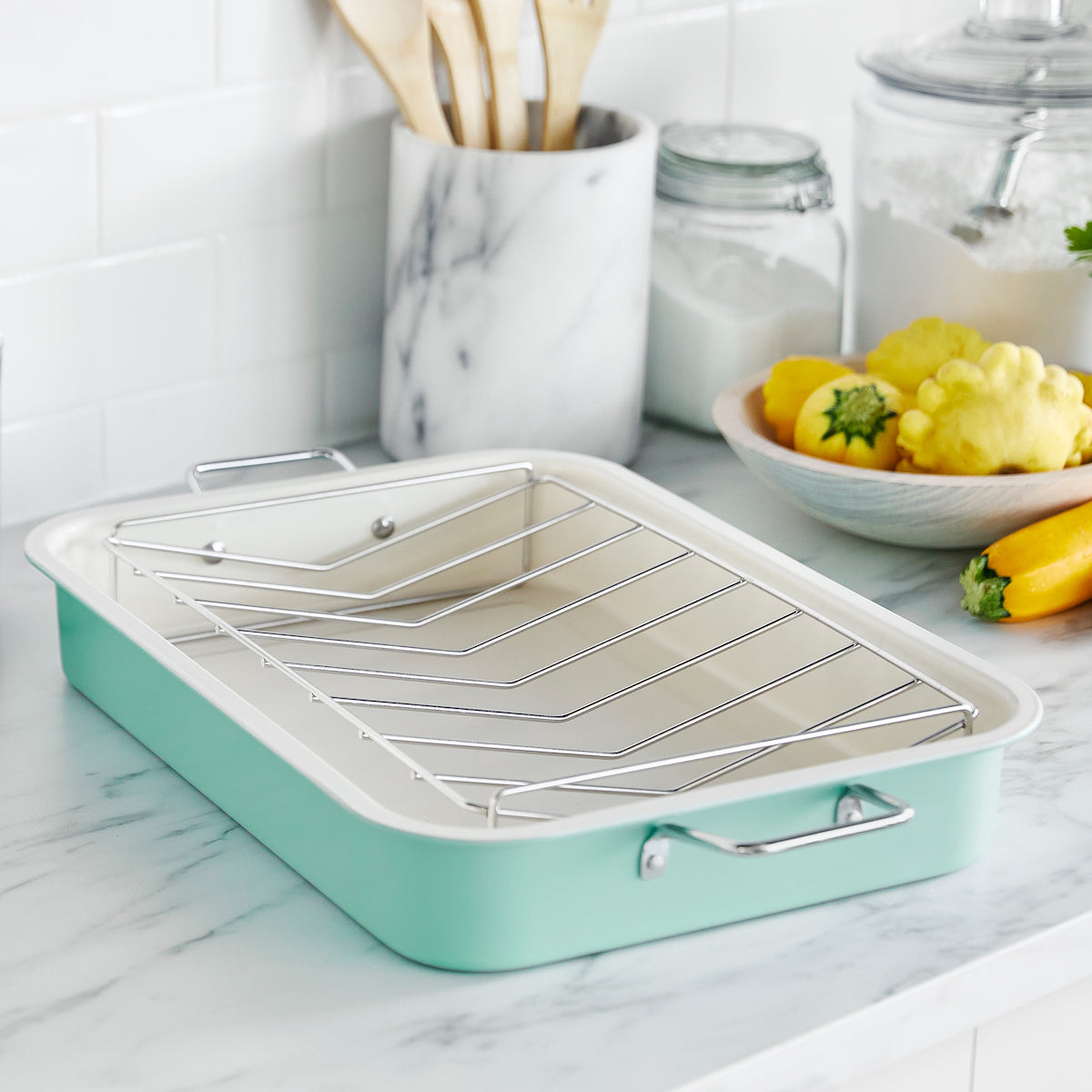 GreenLife Stainless Steel Roaster with Rack - Turquoise Color | Perfect for Oven Baking, Roasting Chicken, Turkey & Vegetables | Durable & Easy to Clean