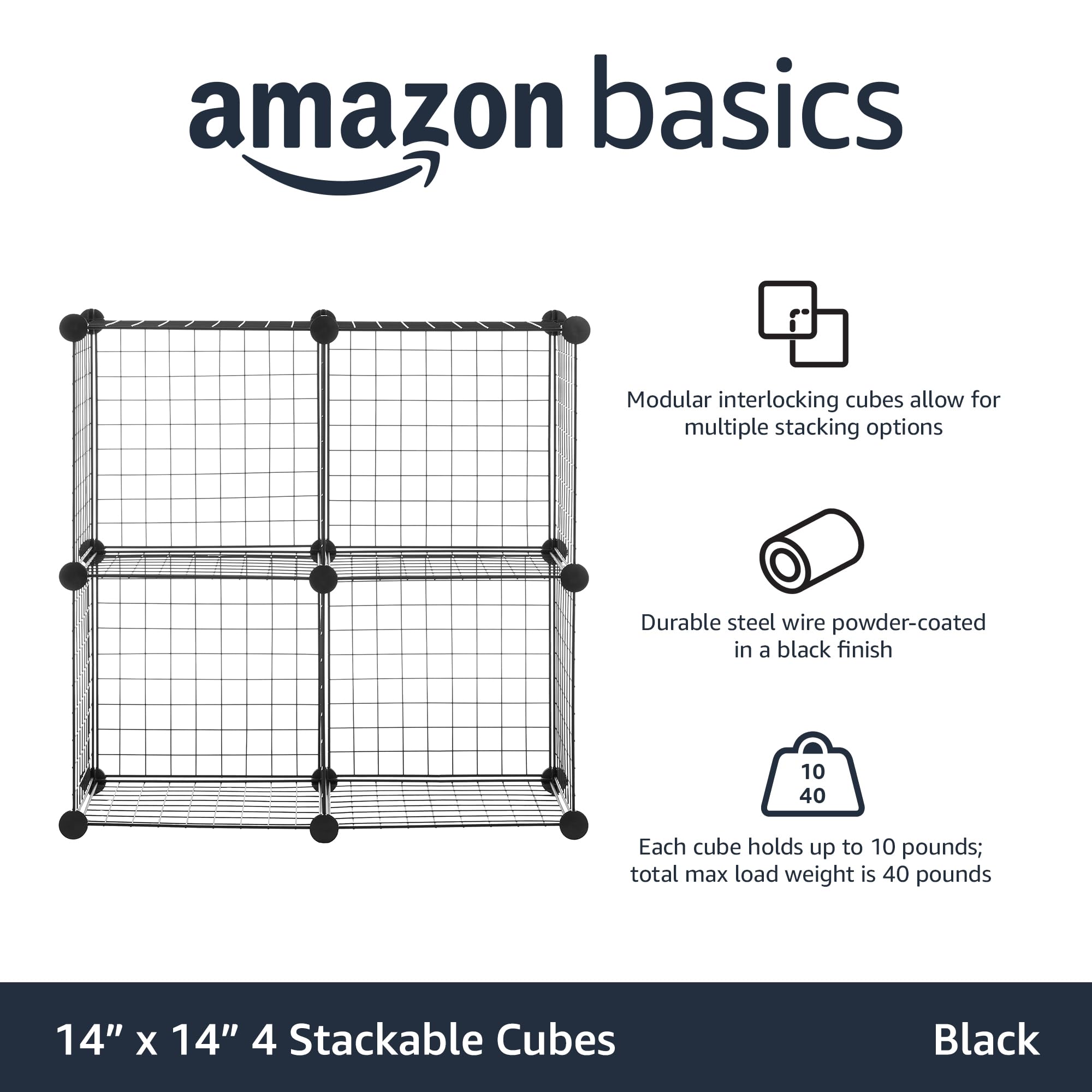 Amazon Basics 4 Cube Storage Organizer - Wire Grid Closet & Shelf Organizer, Stackable, Black 14