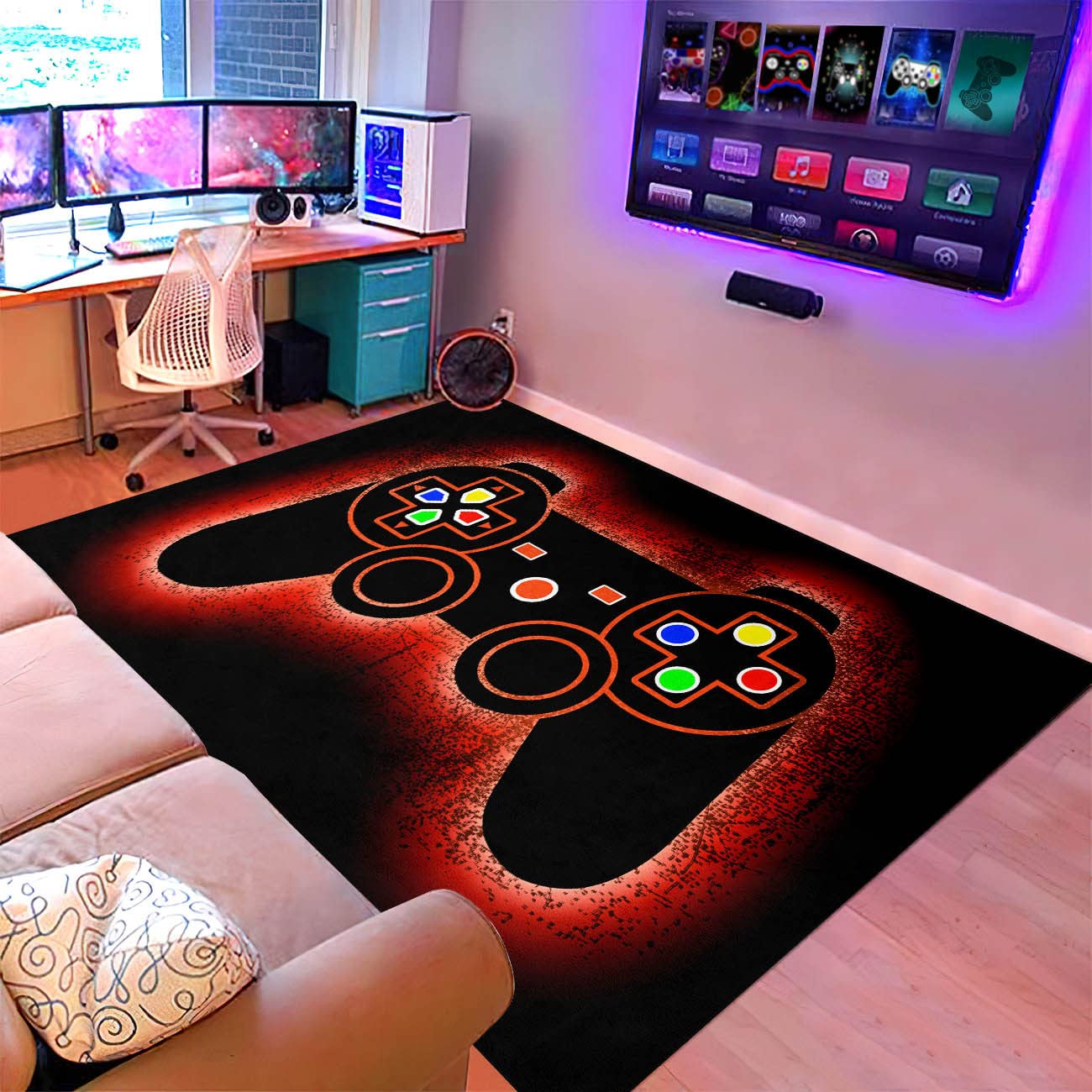 Gamer Area Rug - 4'x5' Large Gaming Printed Floor Mat with Black Gamepad Design for Living Room, Bedroom & Game Room - Modern Red Polyester Rug for Boys & Game Players - Perfect for Sofa, Home Decor & Gaming Setup