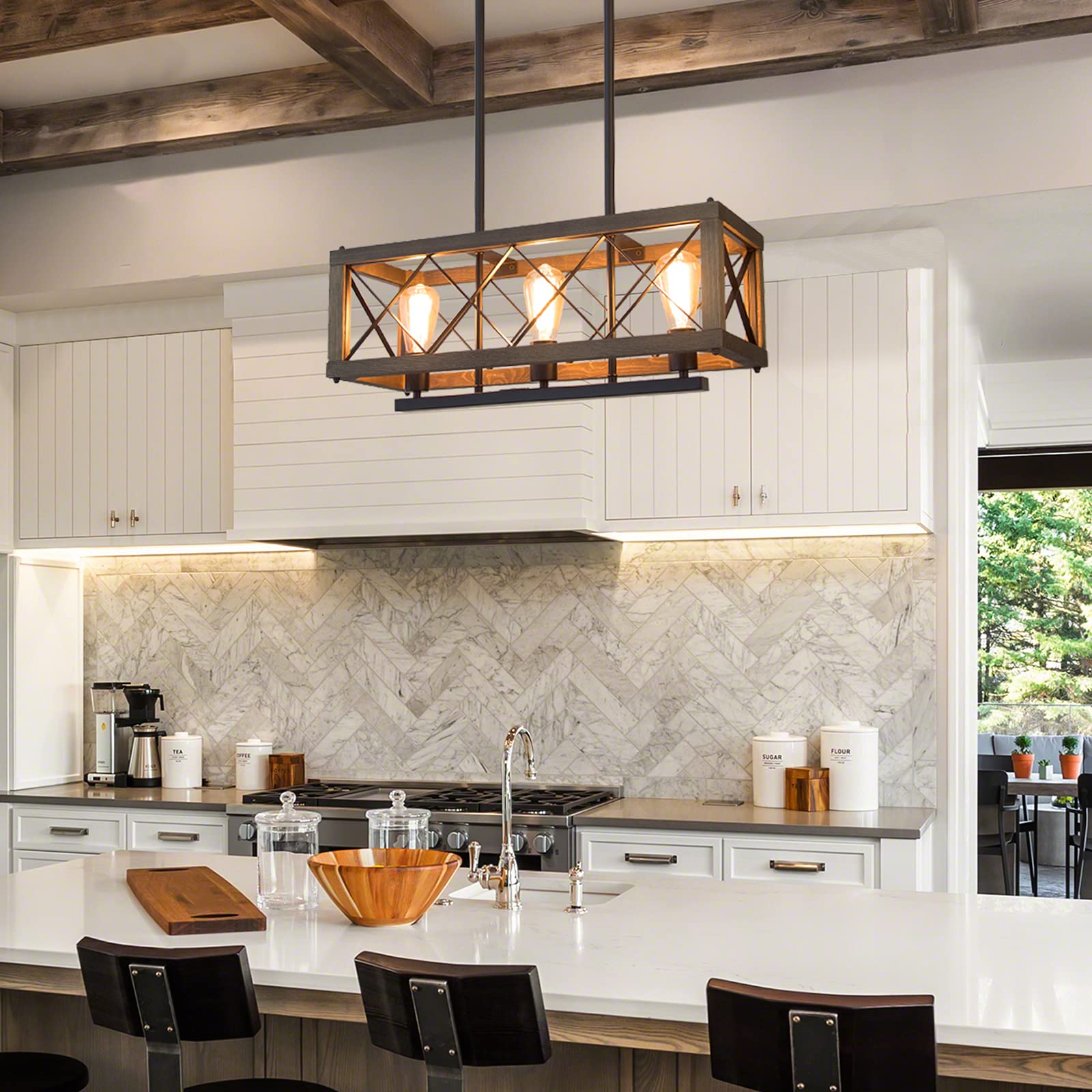 LALUZ Modern Farmhouse Chandelier - 3-Light Dining Room Pendant Lighting, 24 Inch Rectangular Rustic Wood & Black Metal Chandelier for Kitchen Island, Breakfast Nook & Farmhouse Decor