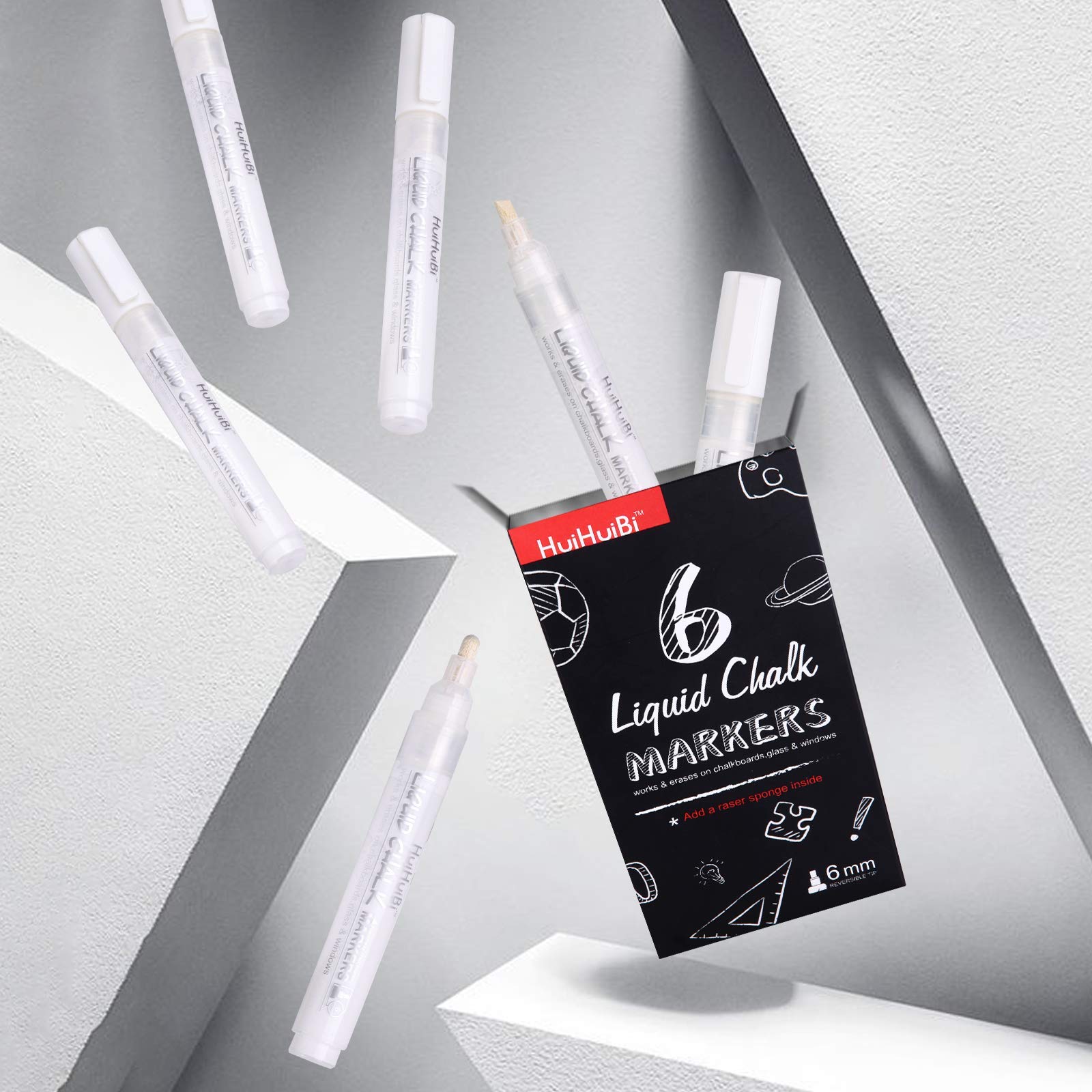 White Chalk Markers 6 Pack - Liquid Chalk Pens for Blackboard, Windows, Glass & Signs - Dry Erase Markers for Restaurants, Cafes & Bistros - Perfect for Menu Boards, Wedding Signs & DIY Projects