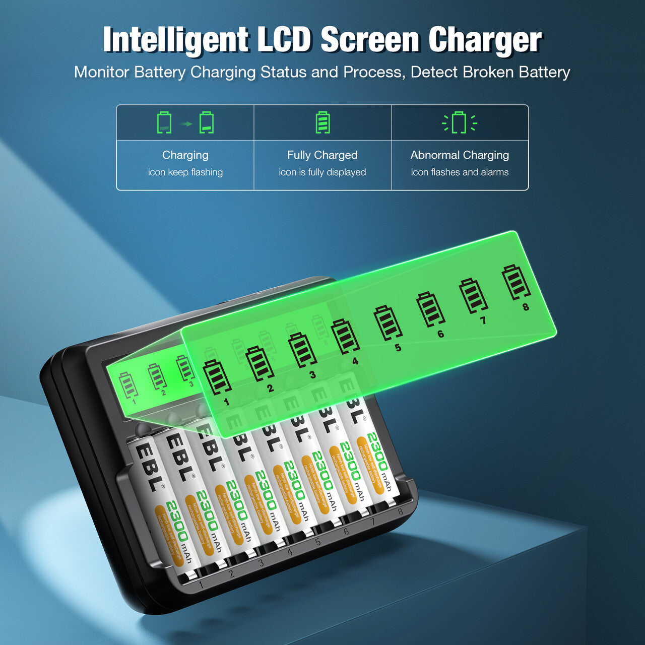 EBL 8 Bay LCD AA AAA Battery Charger with USB Built-in Cable - Fast Charging for Rechargeable Batteries, Universal Power Solution for Cameras, Toys, Flashlights & Electronics