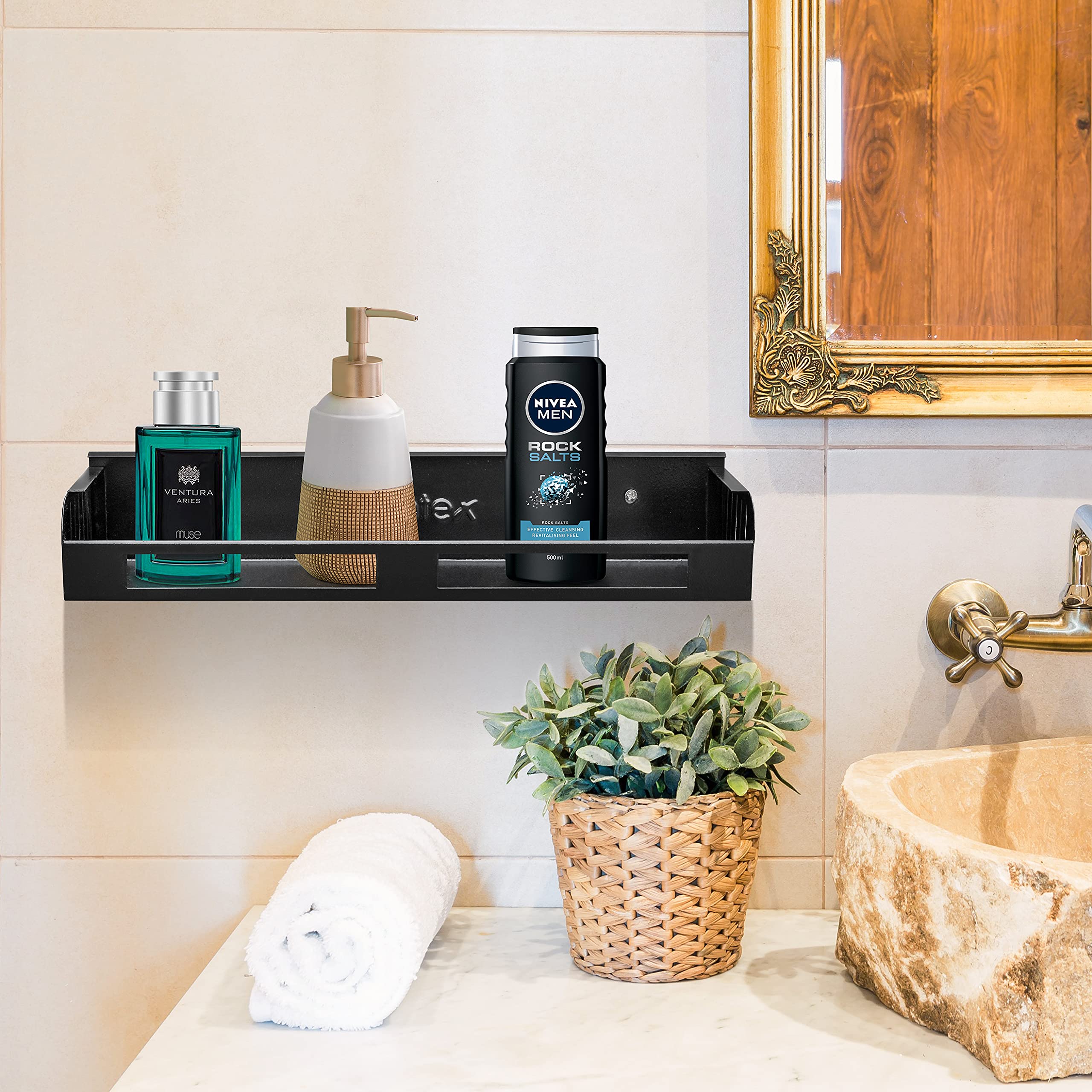 Plantex GI Metal Bathroom Shelf & Kitchen Organizer Rack - 14 x 5 Inches, Black | Space-Saving Storage Solution for Bathroom Accessories & Kitchen Utensils