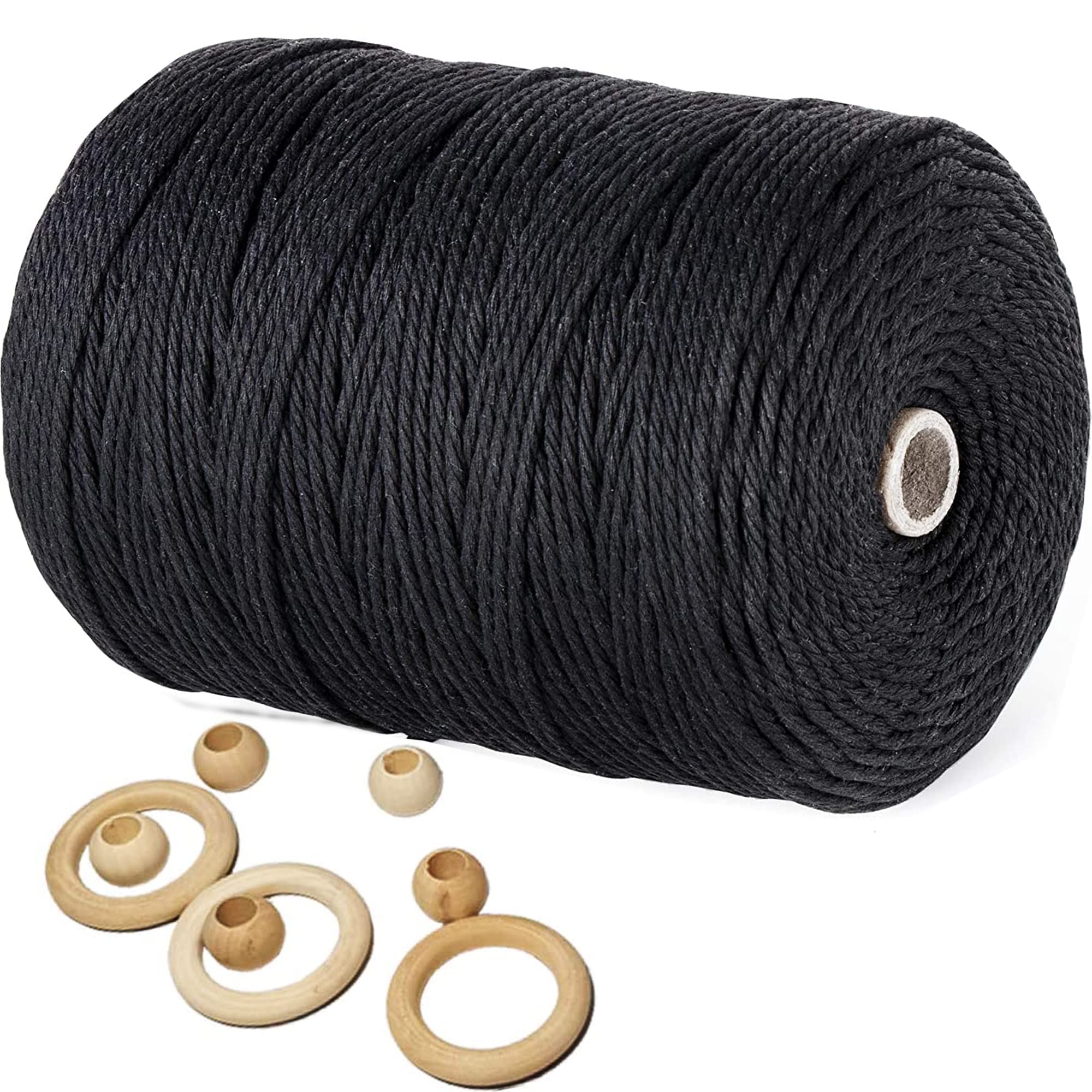3mm Macrame Cord 218 Yards - 4 Strands Twisted Cotton Rope for Wall Hangings, DIY Crafts, Plant Hangers - Black & Natural Colors - Perfect for Home Decor, Wedding & Christmas Decoration