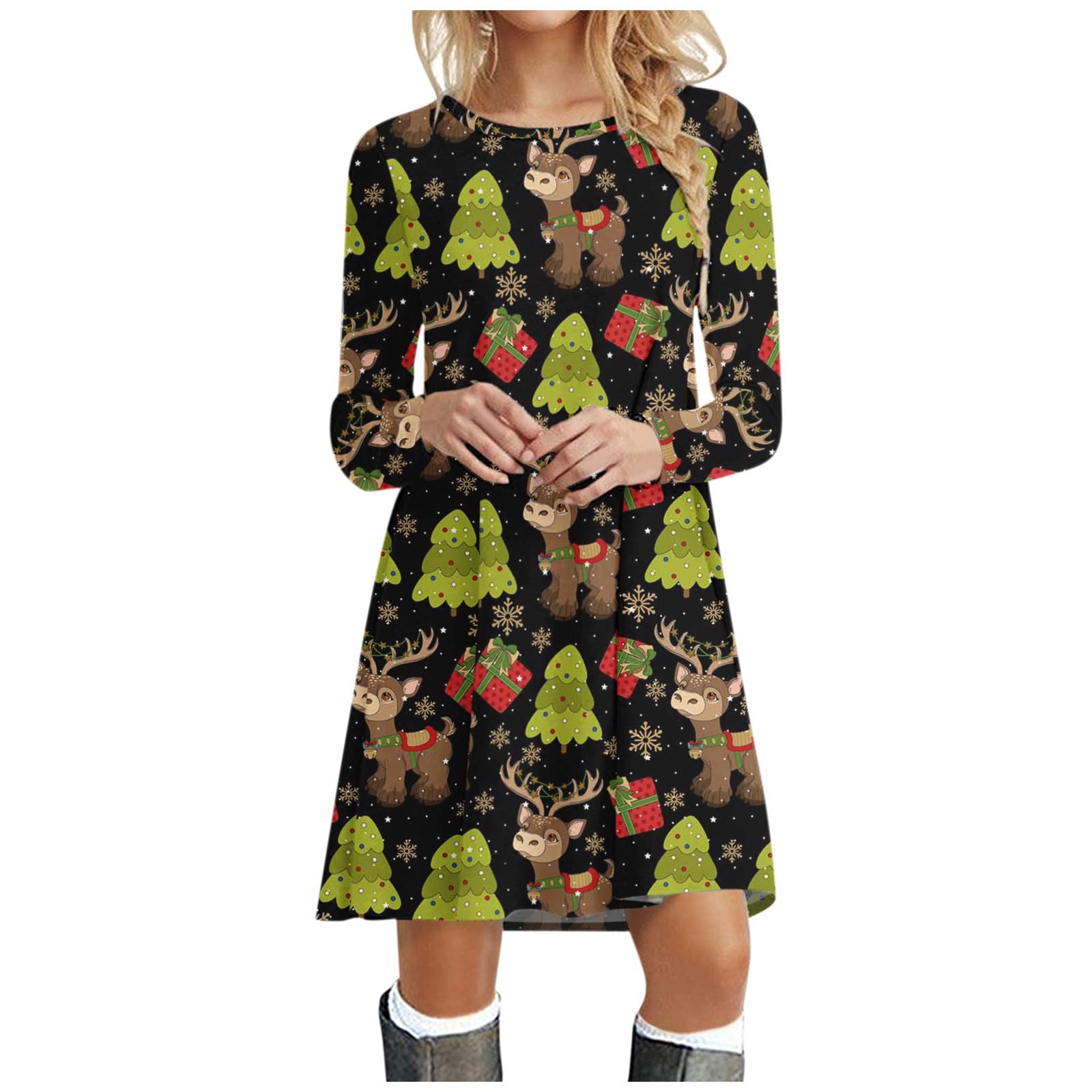 Women's Long Sleeve Tie Dye Christmas Print T-Shirt Dress - Flowy Casual Round Neck Swing Mini Tunic Dress for Holiday Parties, Christmas Gatherings & Casual Outings