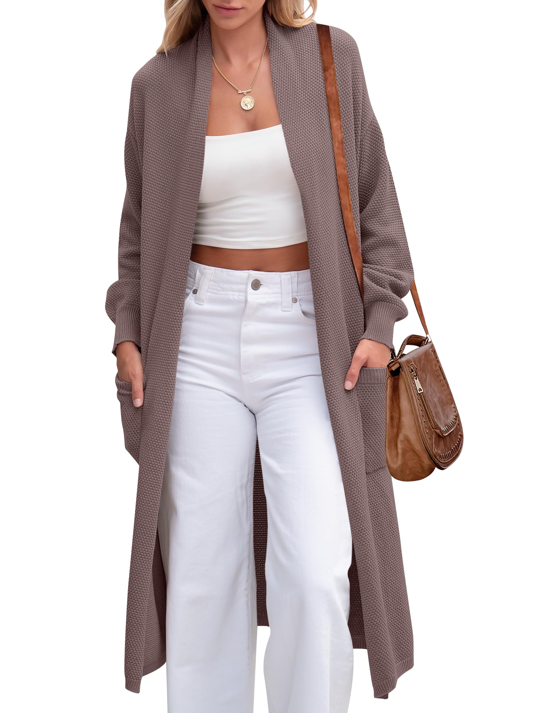 ANRABESS Women's Long Cardigan Sweater - Open Front Long Sleeve Slouchy Oversized Coat | 2024 Fall Winter Chunky Knit Waffle Coatigan | Perfect for Office, Casual Outfits & Layering in Cool Weather