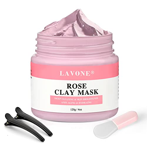 LAVONE Rose Clay Mask for Dark Spots & Acne - Purifying Face Mask with Rose, Aloe & Green Tea Extract - Controls Oil, Reduces Blackheads & Minimizes Pores - 4oz for All Skin Types - Perfect for Daily Skincare & Spa Nights