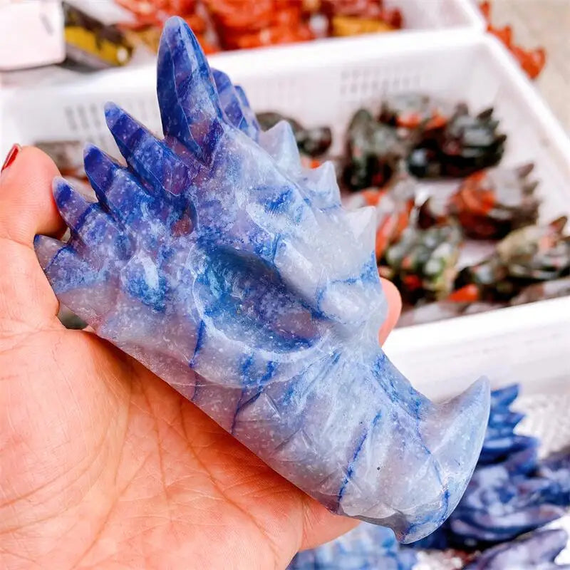 13CM Natural Blue Aventurine Crystal Carved Dragon Skull Statue - Feng Shui Healing Stone, Reiki Energy Decor, Unique Spiritual Gift for Home & Office (1 Piece) - Perfect for Meditation, Yoga Spaces & Crystal Collections