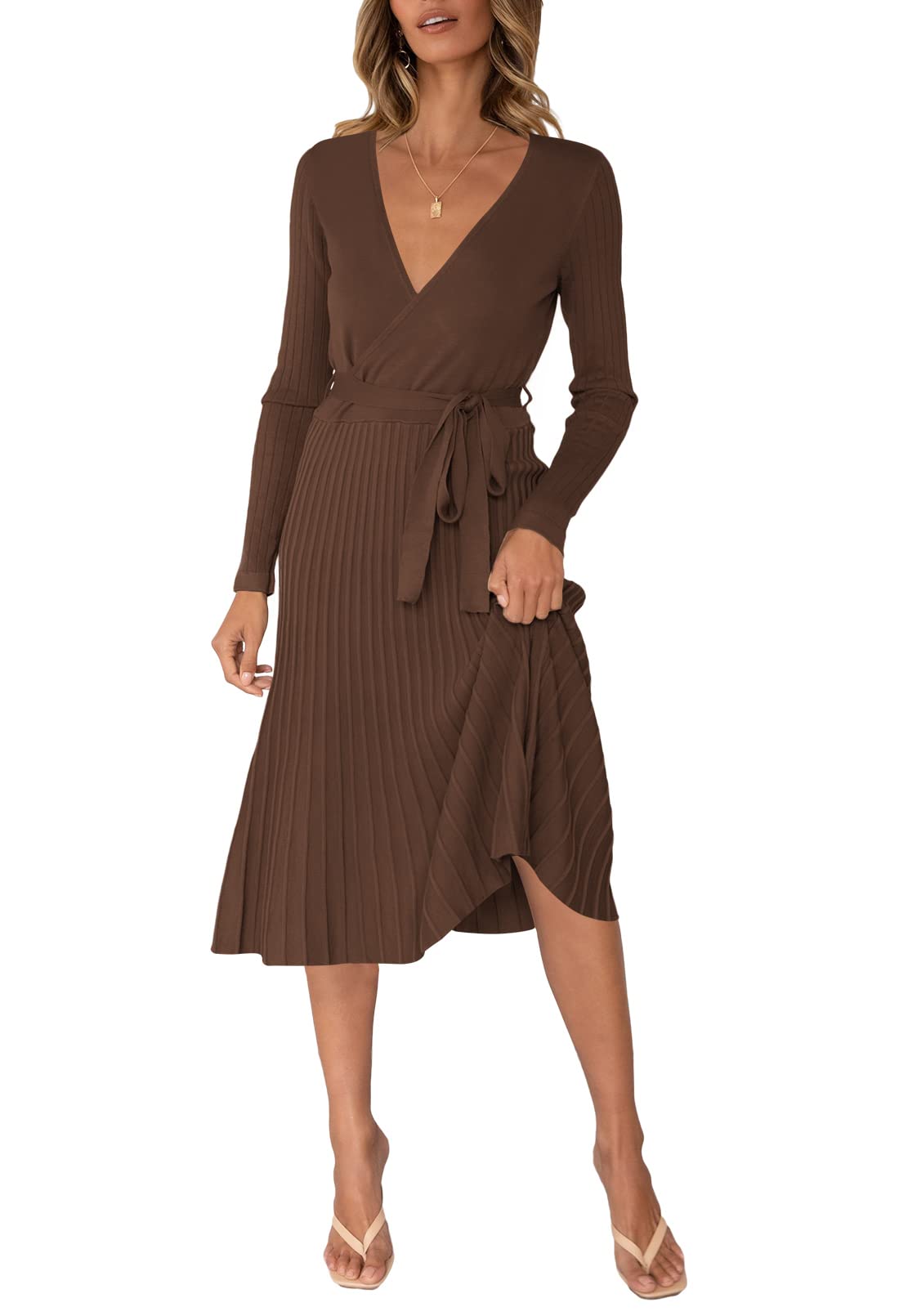 Pink Queen Women's Wrap Sweater Dress - V Neck Long Sleeve Ribbed Knit Midi Dress with Belt | Casual Office Wear, Date Night Outfit, Fall Winter Fashion