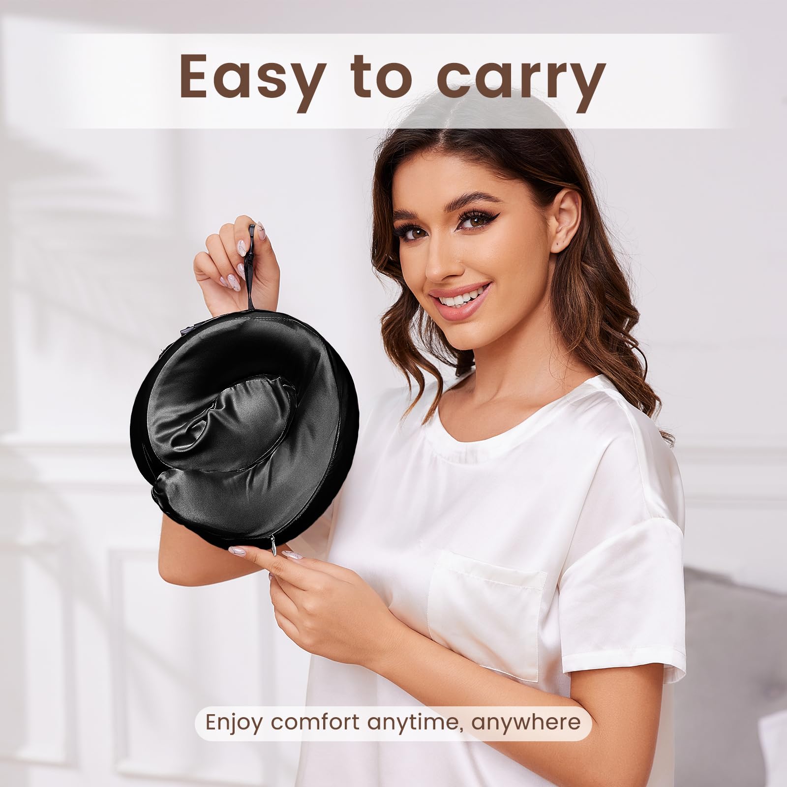 THXSILK 100% Mulberry Silk Travel Neck Pillow with Memory Foam - Airplane Sleeping Pillow for Head & Neck Support - Includes Storage Bag (Black) | Perfect for Long Flights, Road Trips & Office Naps