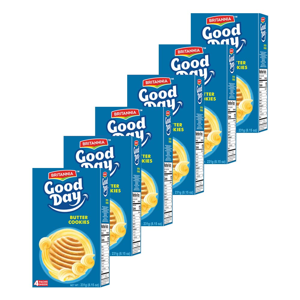 Britannia Good Day Butter Cookies 8.15oz (231g) - Family Pack of 6 - Crunchy Sweet Biscuits for Breakfast, Tea Time & Snacking - Perfect for Office, School Lunchbox & Afternoon Coffee Break