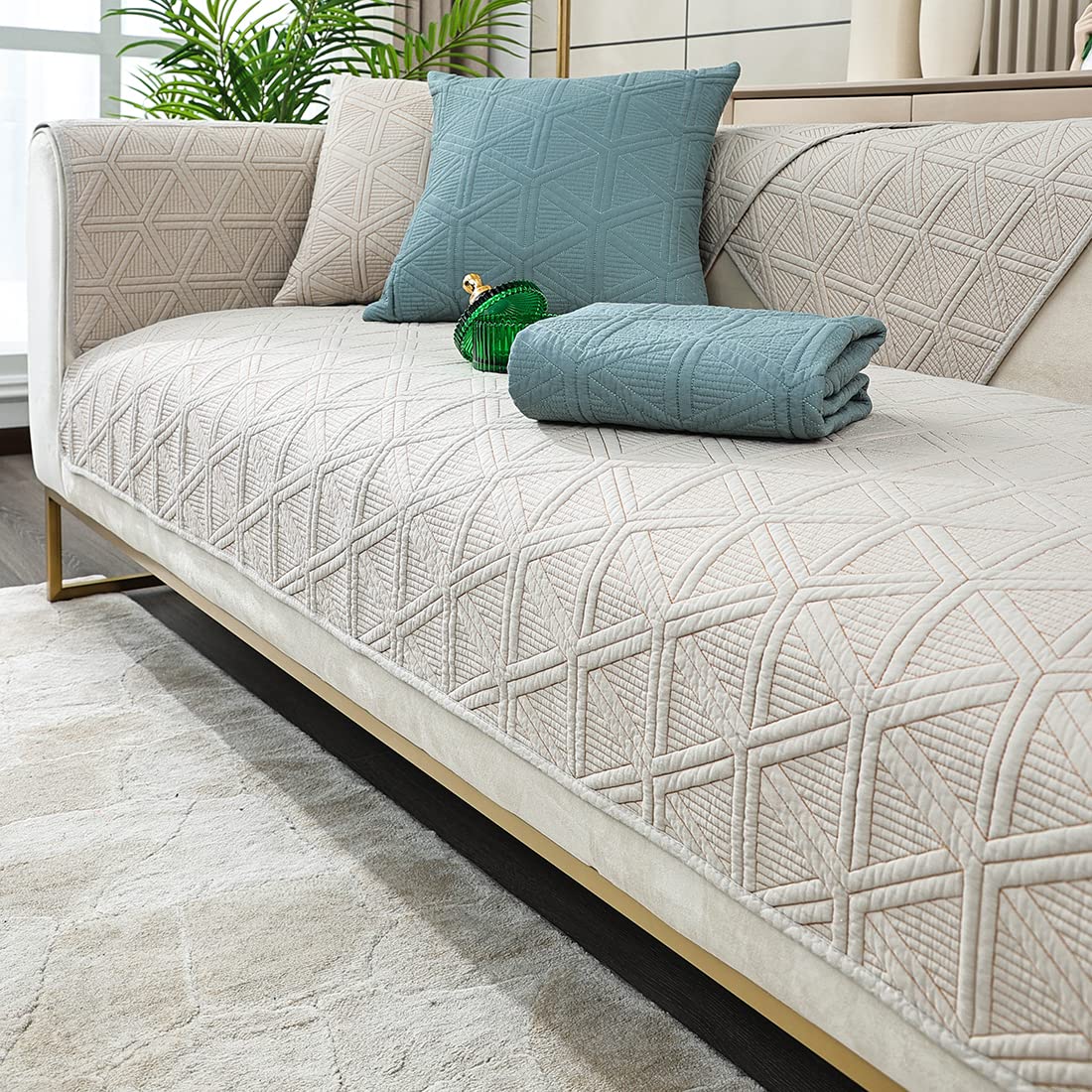 Geometric Embroidery Couch Cover - Cotton Quilted Non-Slip Sofa Slipcover with Triangle Pattern (Light Gray, 36