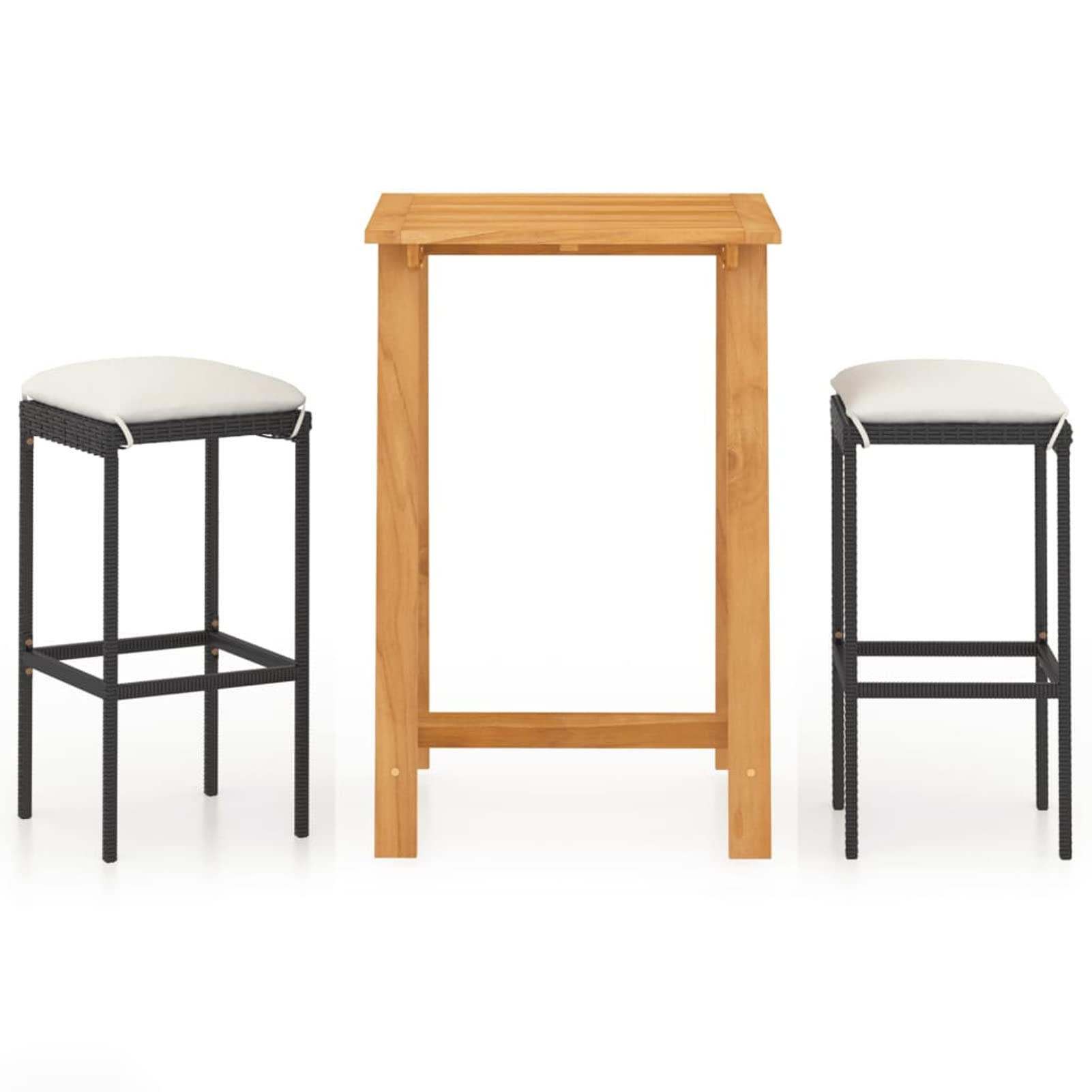 Premium Acacia Wood Outdoor Bar Set - 3-Piece Patio Dining Table & 2 Cushioned Bar Stools with Black Poly Rattan & Steel Frame - Perfect for Garden, Patio, Terrace, Backyard & Poolside Entertaining