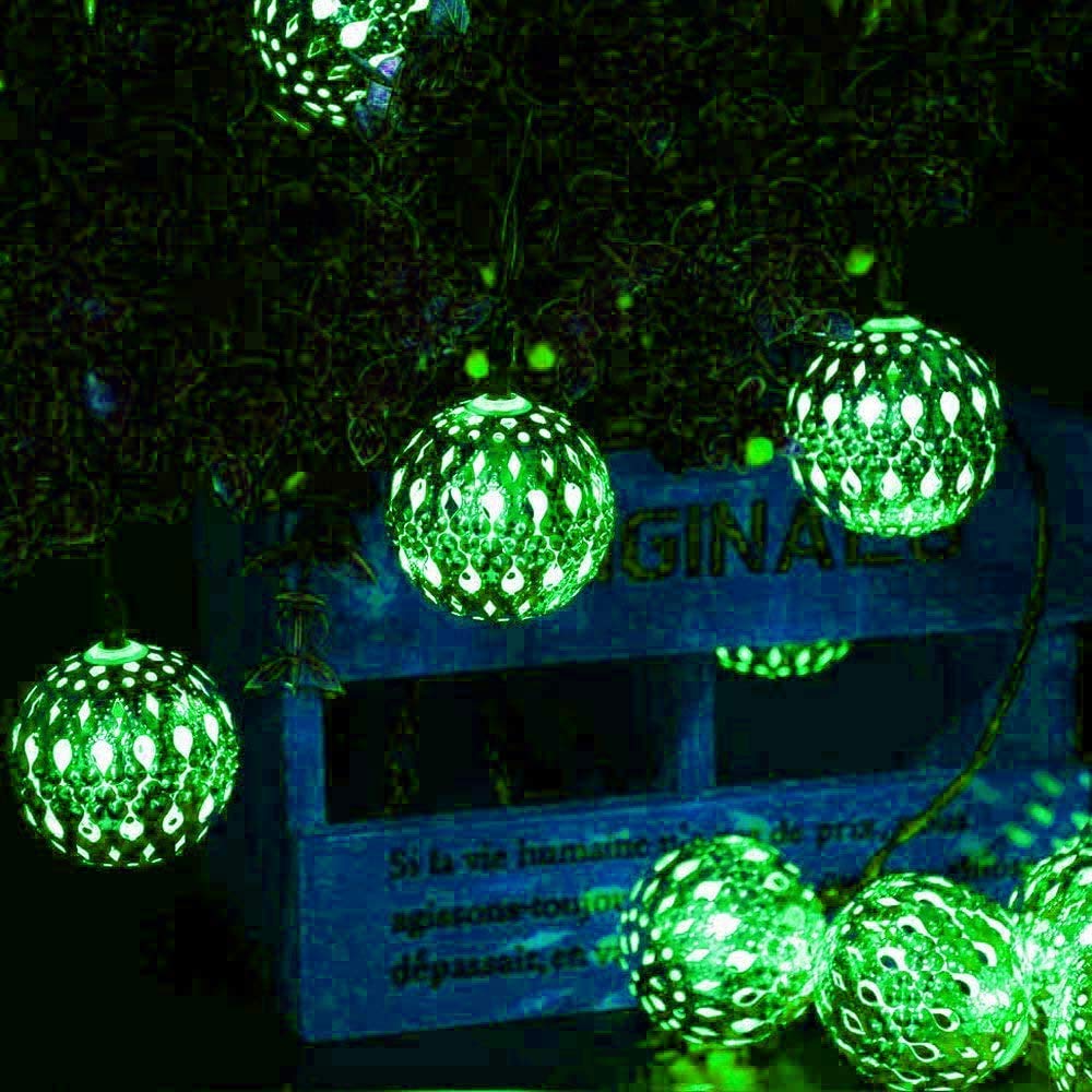 Solar Powered Metal Ball String Lights 12LED 3.5M - Outdoor/Indoor Moroccan Fairy Lights for Garden, Patio, Christmas, Wedding, Party & Home Decor (Green) | Perfect for Backyard, Balcony, Festive Events & Romantic Ambiance