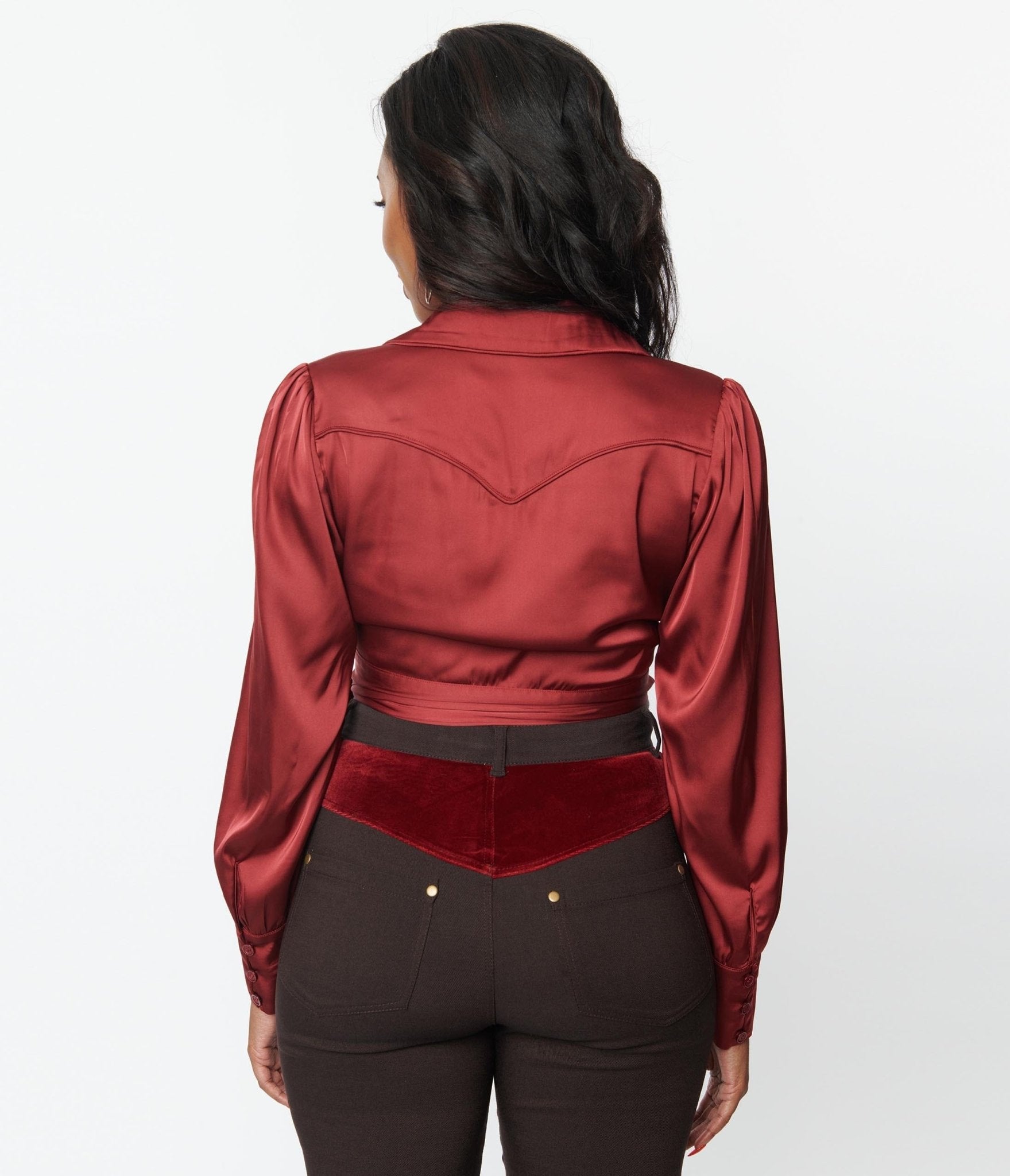 Vintage Burgundy Satin Western Wrap Crop Top for Women - Boho Chic Cowgirl Shirt for Music Festivals & Rodeo Nights