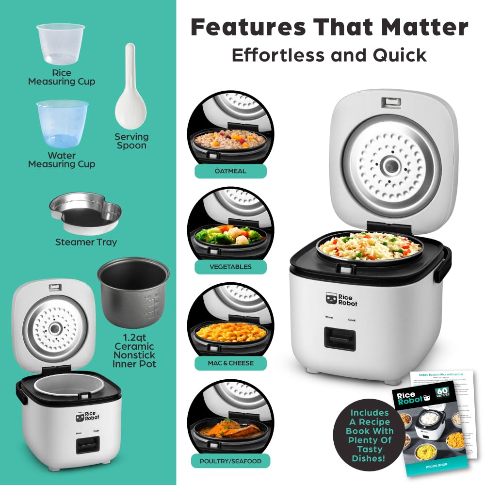 Rice Robot Personal Rice Cooker – PFAS-Free Nonstick 1-Quart Capacity with Stainless Steel Steamer Tray | Includes Measuring Cups, 60-Recipe Book & Serving Spoon | Perfect for Dorms, Offices & Small Kitchens