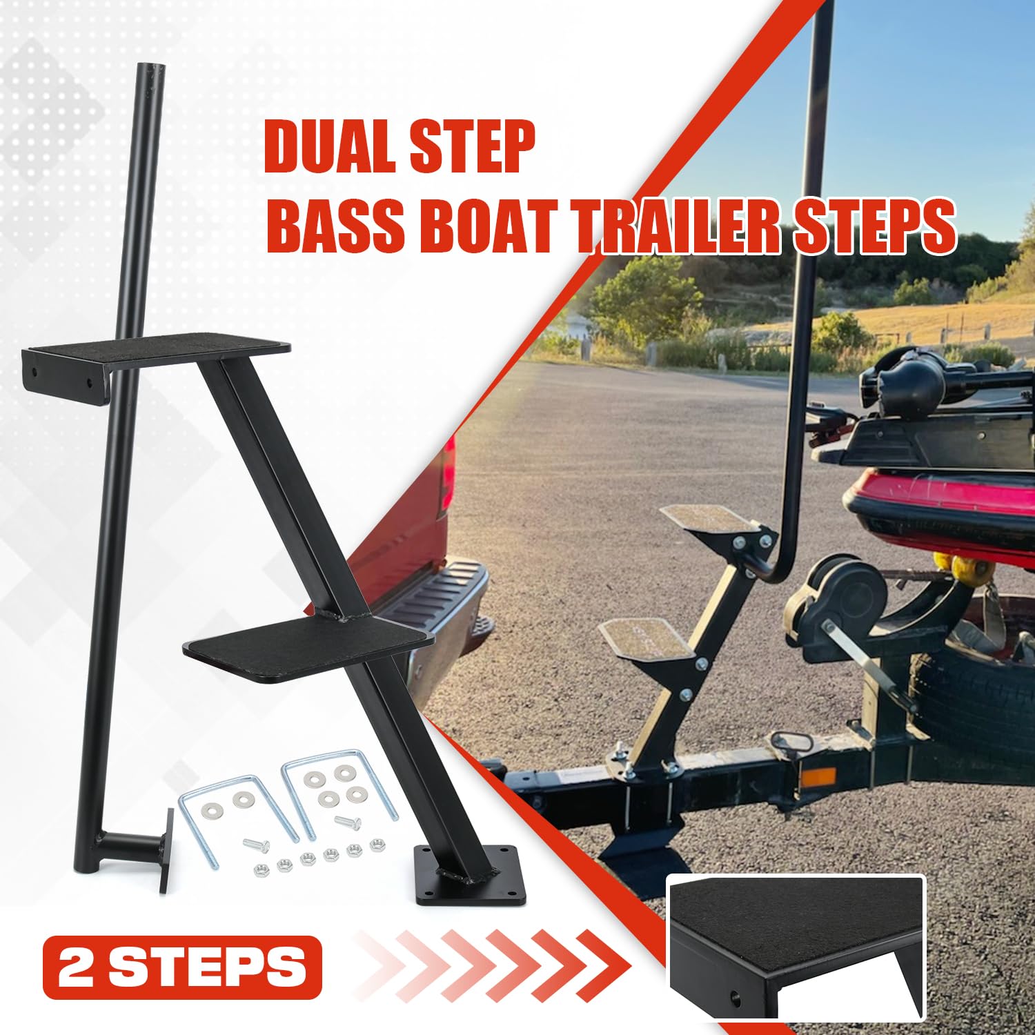 Dual Step Bass Boat Trailer Ladder - Folding Boat Steps with Anti-Slip Grip Tape for Most Bass Boats & Trailers - Non-Slip Surface (2 Steps) - Perfect for Easy Boarding & Fishing Access