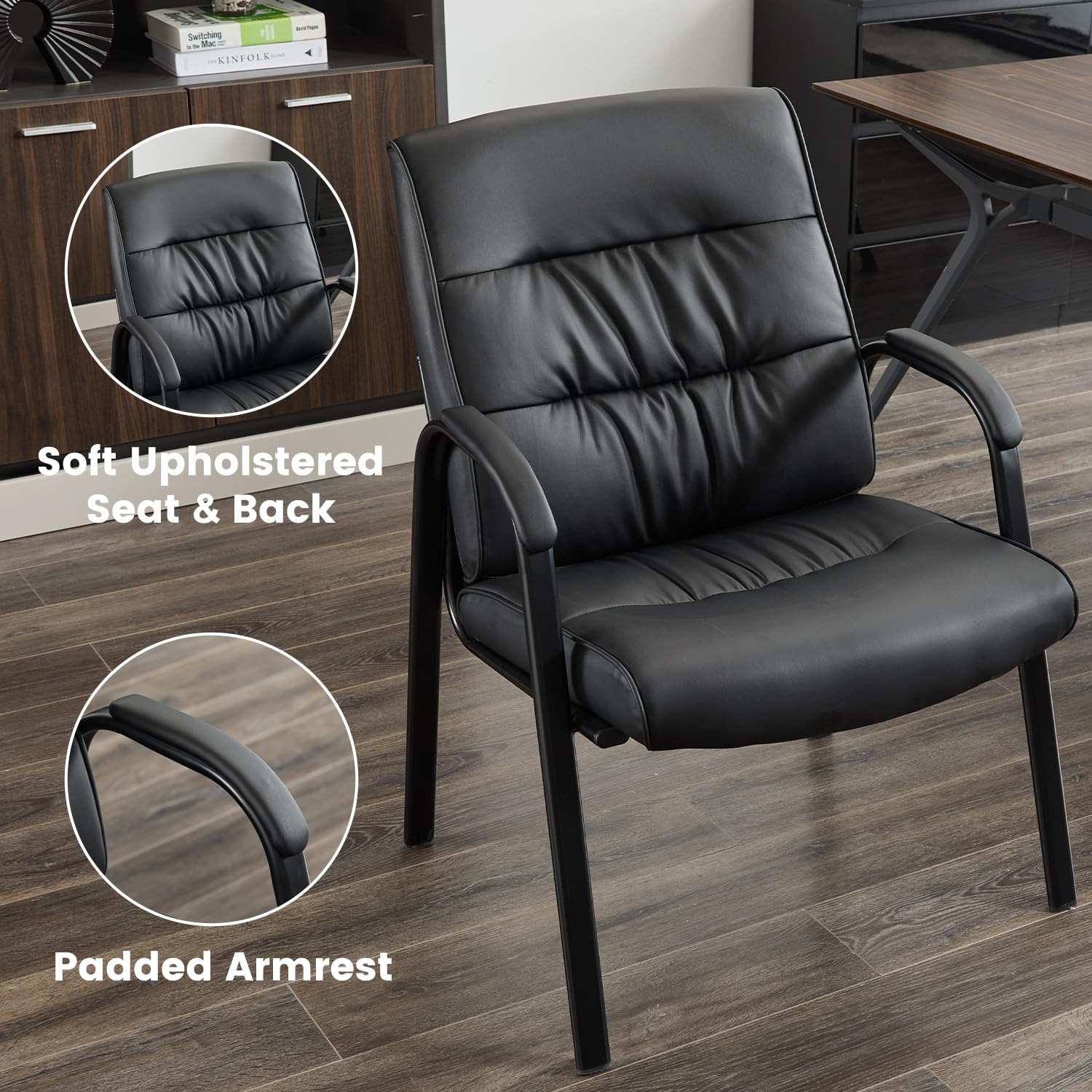 Big & Wide Office Guest Reception Chair Set of 2 - Modern Leather Conference Room Chairs, Waiting Room Chairs 2 Pack - No Wheels Desk Chairs for Office, Hotel, Lobby (Black) - Perfect for Business Meetings, Reception Areas and Professional Spaces