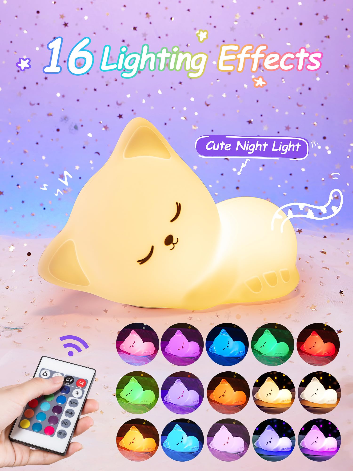 16 Colors Dimmable Cat Night Light for Kids - Rechargeable LED Nursery Lamp with Remote & Timer, Soft Silicone Baby Nightlight for Bedroom, Nursery, Kids Room - Perfect for Bedtime, Feeding, and Soothing Toddlers
