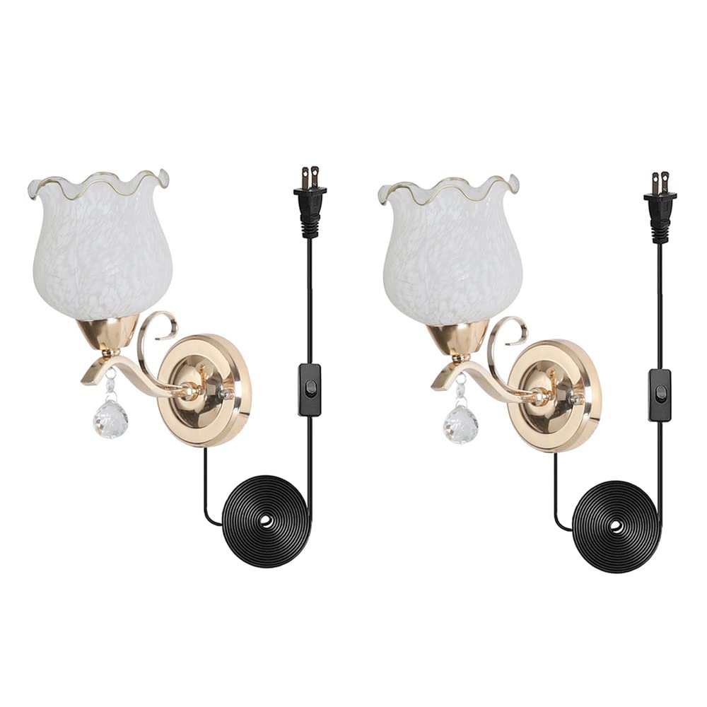 Vintage Gold Metal Plug-in Wall Sconces with White Frosted Glass Flower Shaped Lampshade - Crystal Vanity Wall Lamp for Bedroom, Bedside, Living Room - Romantic Ambient Lighting for Home Decor & Interior Design