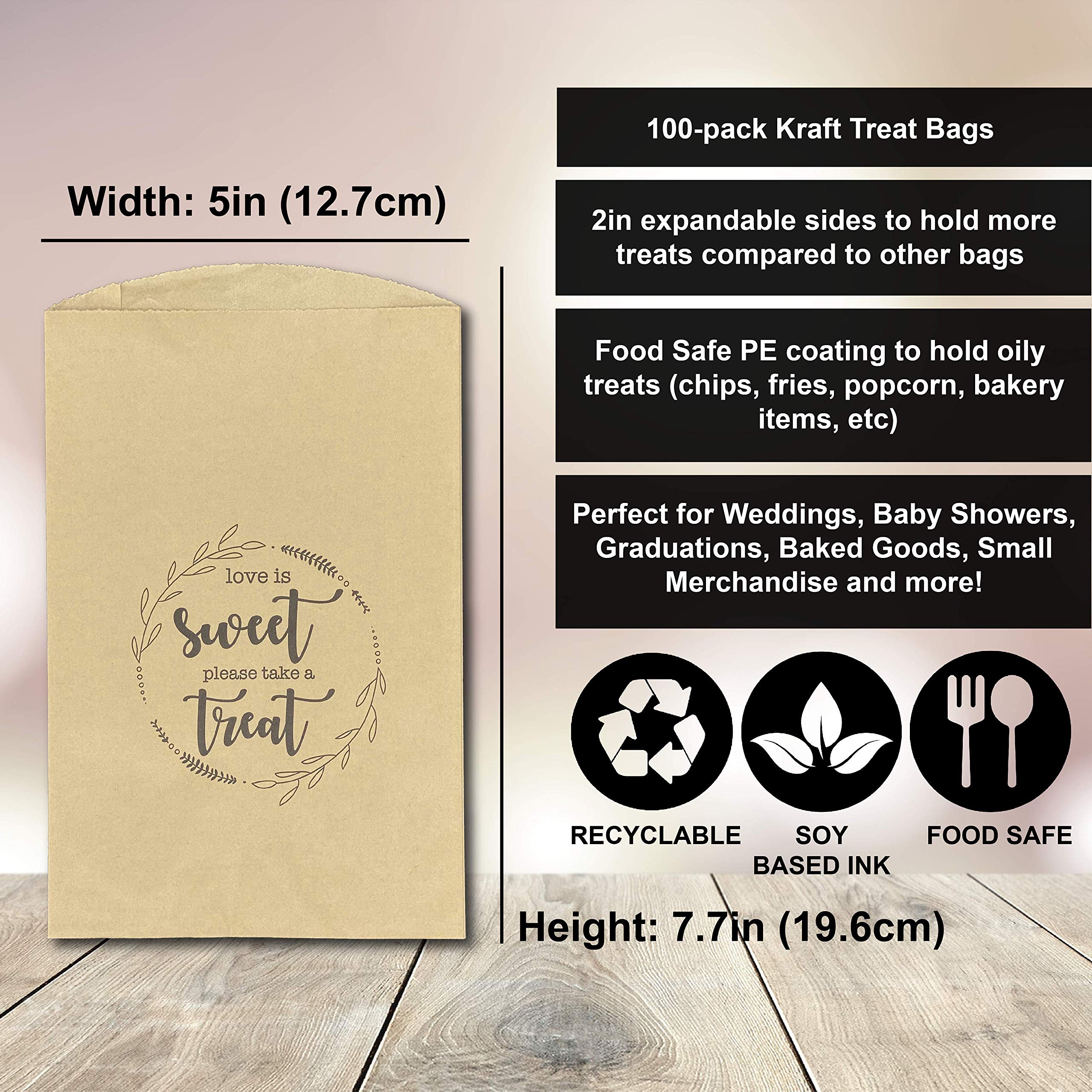 100 Earth Day Donut Favor Bags - Expandable Kraft Wedding & Party Treat Bags for Cookies, Candy - Grease Resistant Food Safe & Recyclable - Perfect for Birthday Parties, Baby Showers & Wedding Favors