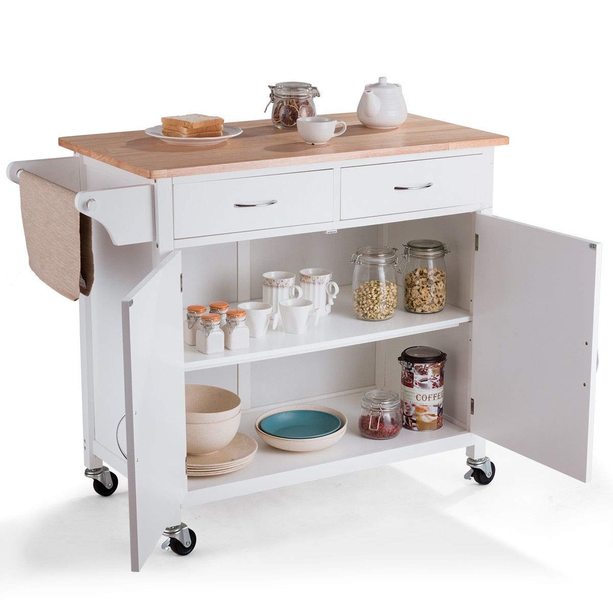 Modern White Kitchen Island Cart with Double Drawers, 2-Tier Shelf & Cabinet Door - Pine Wood Top Rolling Serving Cart for Food Prep, Storage & Towel Organization - Perfect for Small Kitchens, Dining Rooms & Buffet Serving