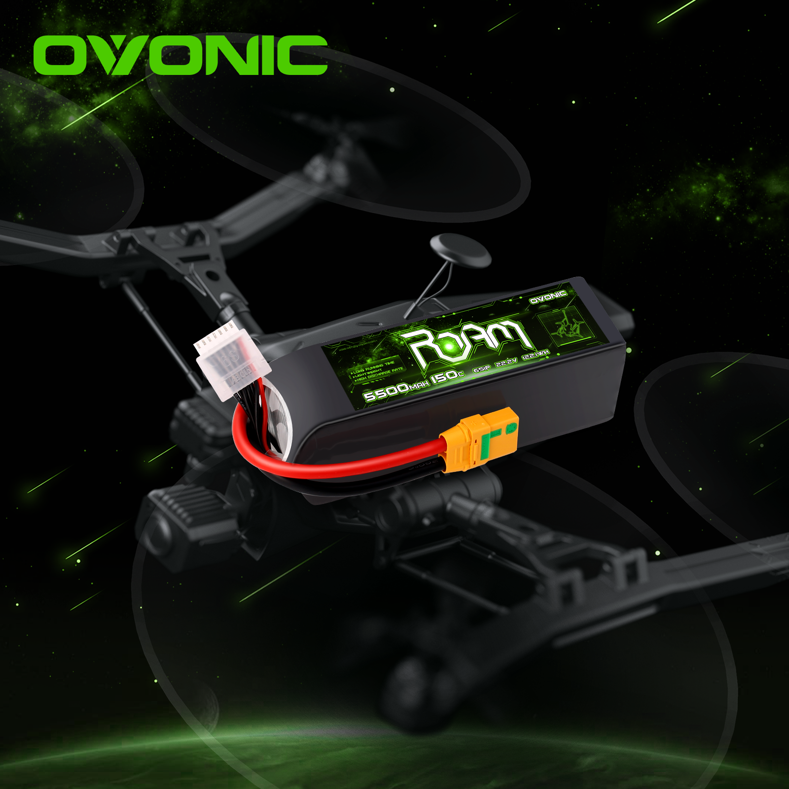 Ovonic Roam Series 6S Lipo Battery 5500mAh 22.2V 150C High Performance RC Battery with XT90 Anti-Spark Connector for FPV Drones, Cinelifter, Multirotor, X-Class & Long Range Drones - Perfect for Aerial Photography and Extended Flight Sessions