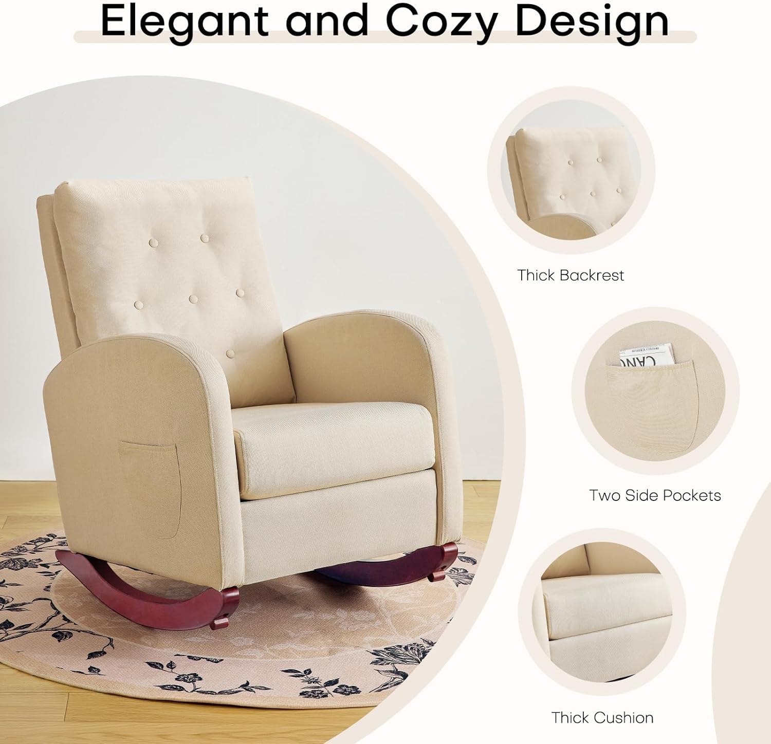 Redlife Nursery Rocking Chair - High Back Linen Upholstered Glider Rocker with Side Pocket for Living Room, Bedroom, Nursery - Comfortable Indoor Rocking Chair for Nursing, Reading & Relaxation (Beige)