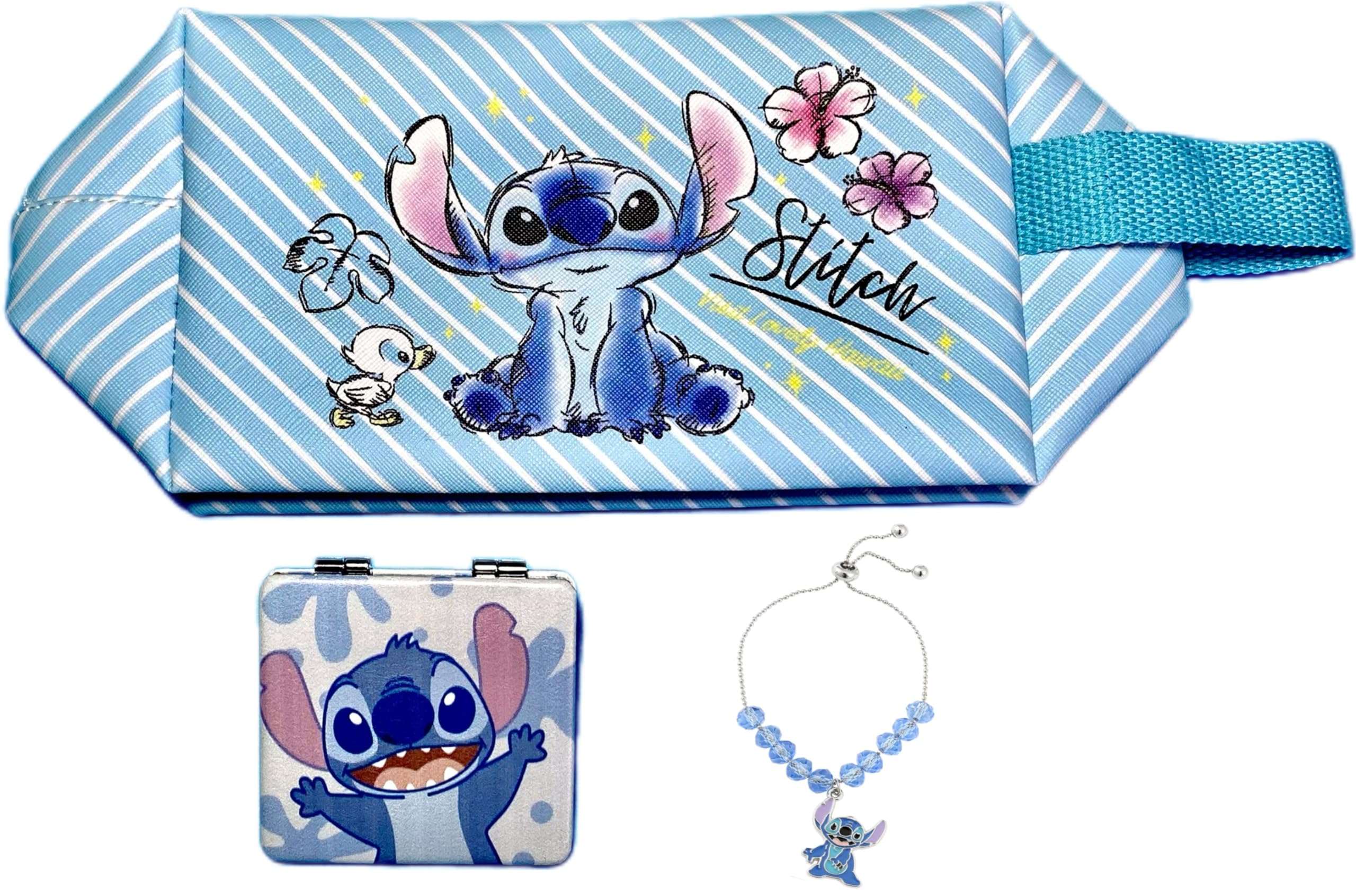 Stitch Cosmetic Bag with Mirror & Bracelet - Large PU Travel Organizer for Women & Girls - Perfect Gift for Makeup Lovers