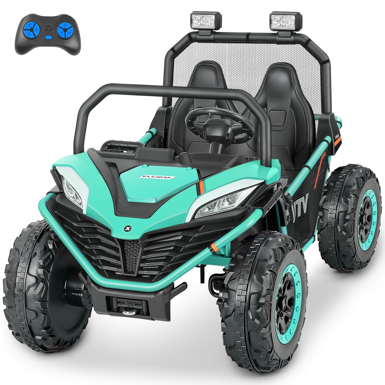 ELEMARA 24V 10AH 2 Seater Kids Electric Ride On Car - 4WD UTV Toy Truck with Remote Control, Bluetooth, LED Lights & 3 Speed Settings | Spring Suspension, Soft Seats & Storage Compartment | Perfect for Outdoor Play, Birthday Gifts & Family Fun (Green)