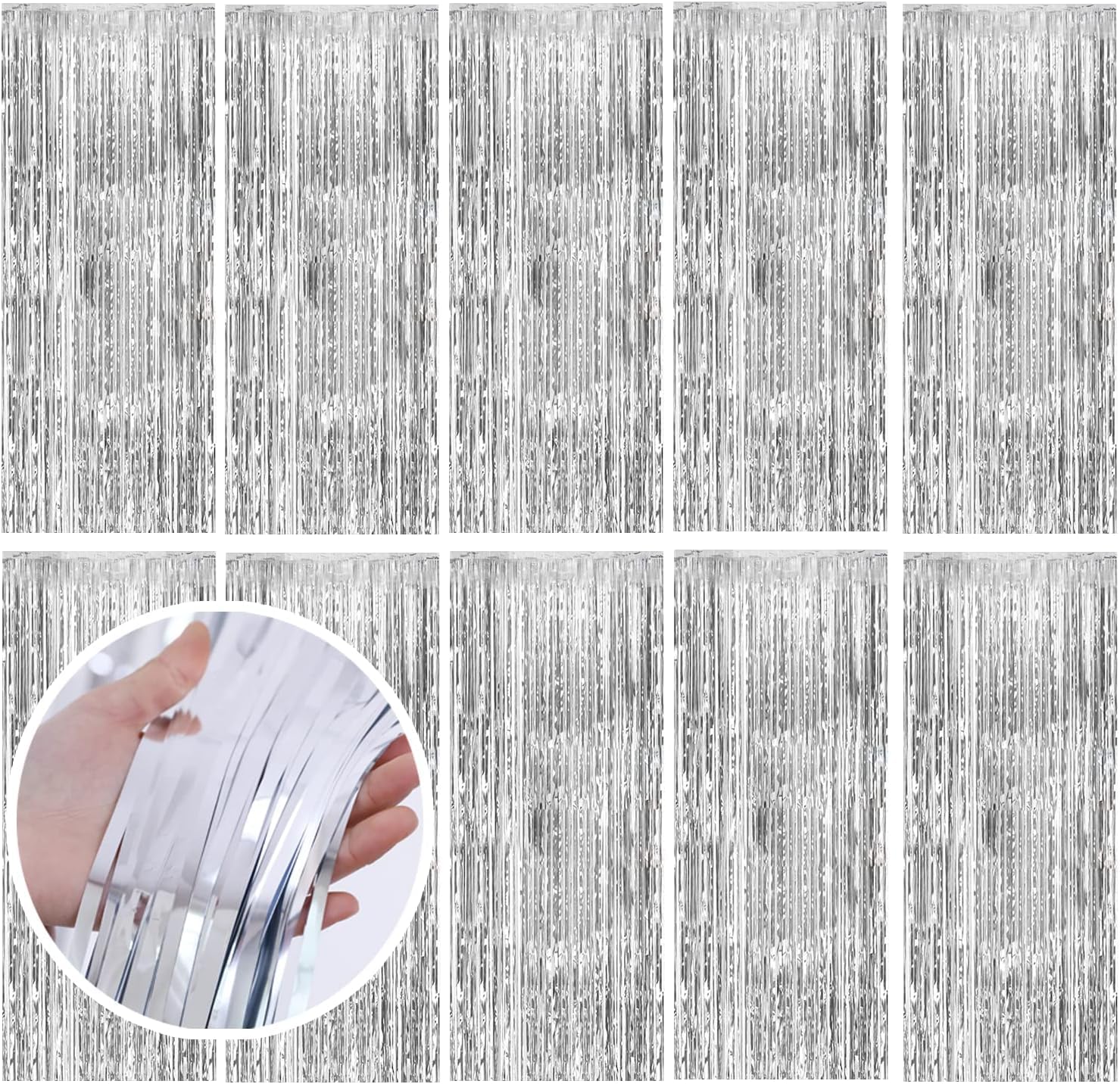 10 Pack Silver Foil Curtains - Metallic Tinsel Photo Booth Backdrop for Wedding, Birthday, Bridal Shower & Baby Celebration | Party Decorations & Disco Favor | Perfect for Indoor Events, Festive Gatherings & Social Media Photos
