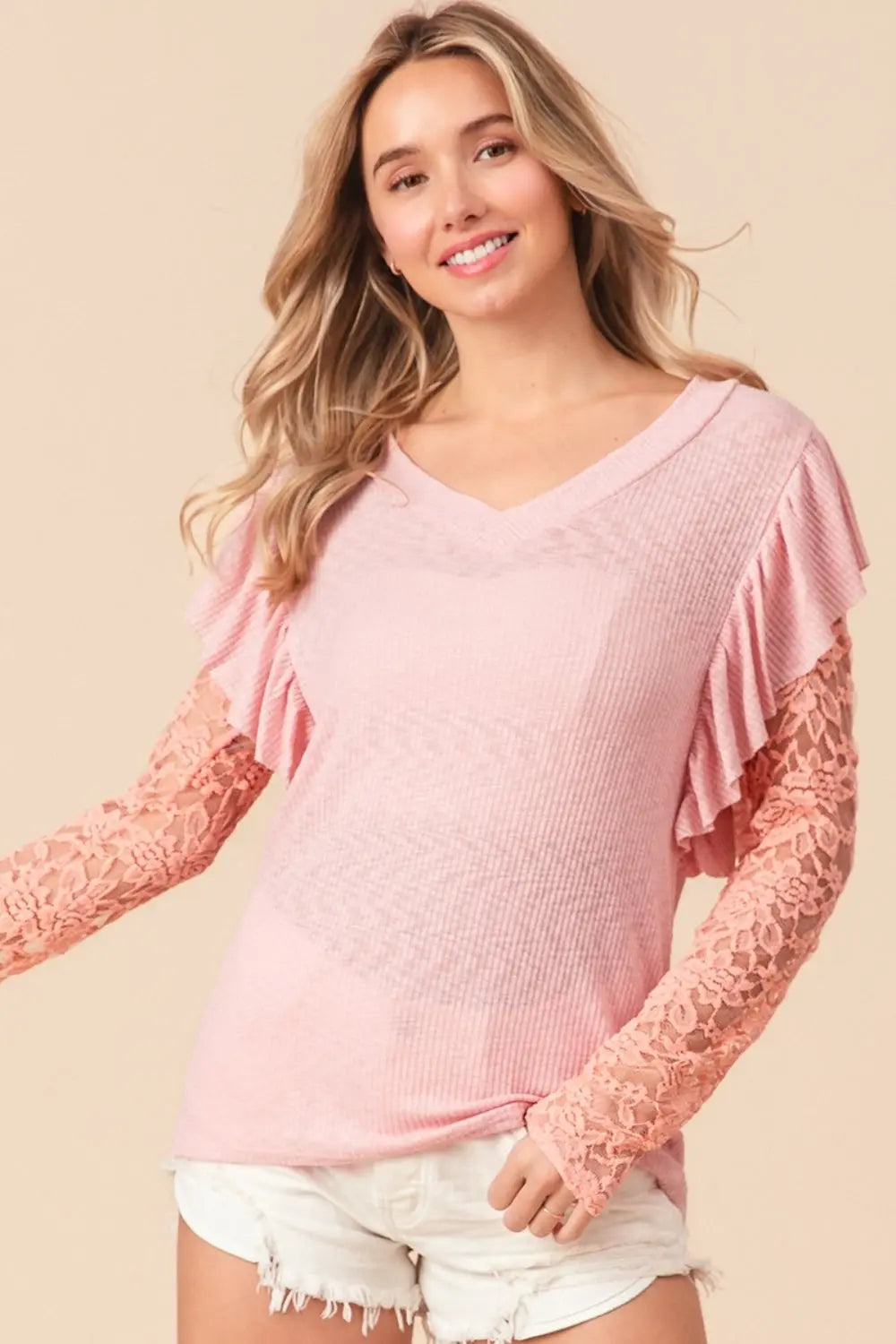 BiBi Ruffled Lace Sleeve Rib Knit Top for Women | Elegant Blouse for Date Night & Office Wear